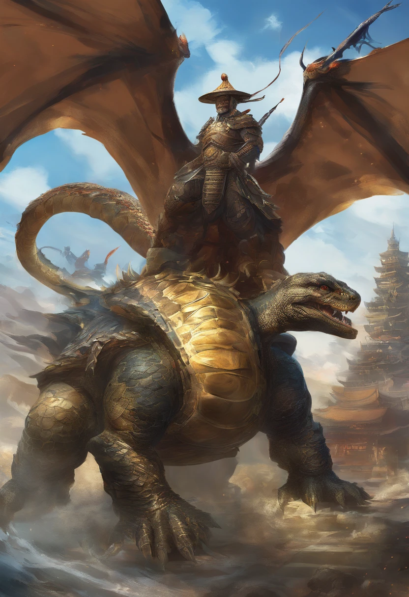 Dragon turtle,Huge, Heavy tortoiseshell shell,Chinese leader,The long tail of the snake,soaring waves,China-style,oc rendered,super-fine,high qulity,8K high resolution,ultra - detailed
