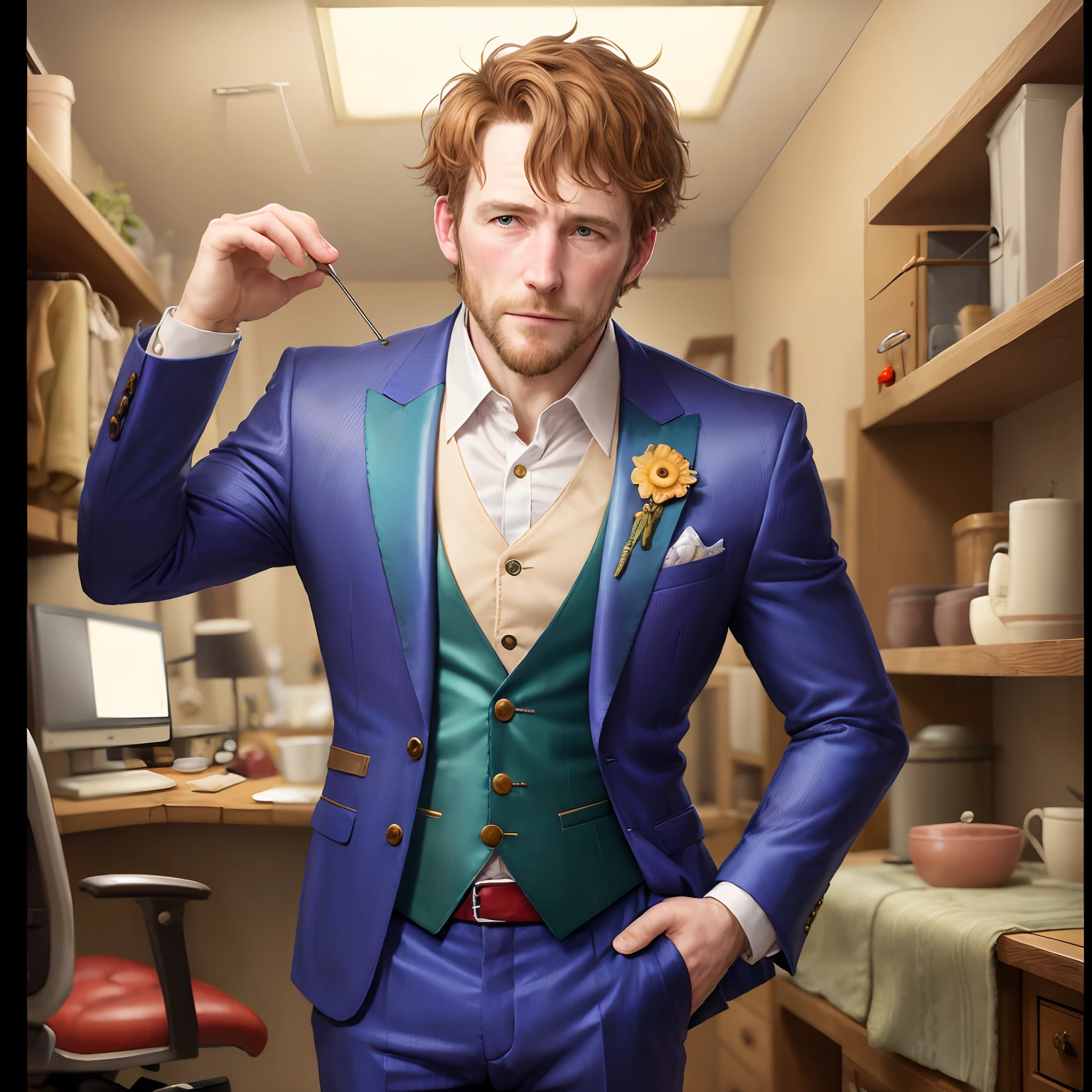 Small poor fantasy businessman, very short, patchwork suite