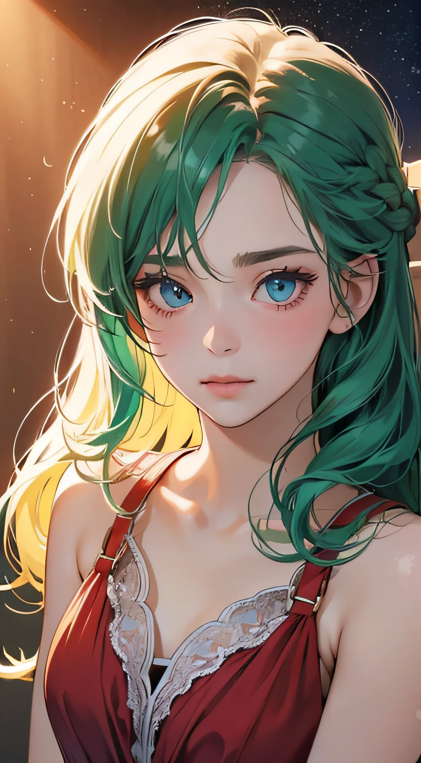 (masterpiece),best quality, cute girl, gorgeous, cute girl, perfect face, expressive eyes, (((extreme shading, semi-realistic, perfect light))), ((night, cozy, warm colors)), red dress, sensual, braid, detailed hair, amazing hair, 4k, stunning eyes, green hair, blue eyes, semi-realistic, gentle, feminine, delicate, ephemeral,(soft), ultra-detailed, vivid colors, abstract background, elegant, class, BREAK she is embarassed, she is blushing, she is beauitful, cute image, the image has dramatic light, the girl has soft hair