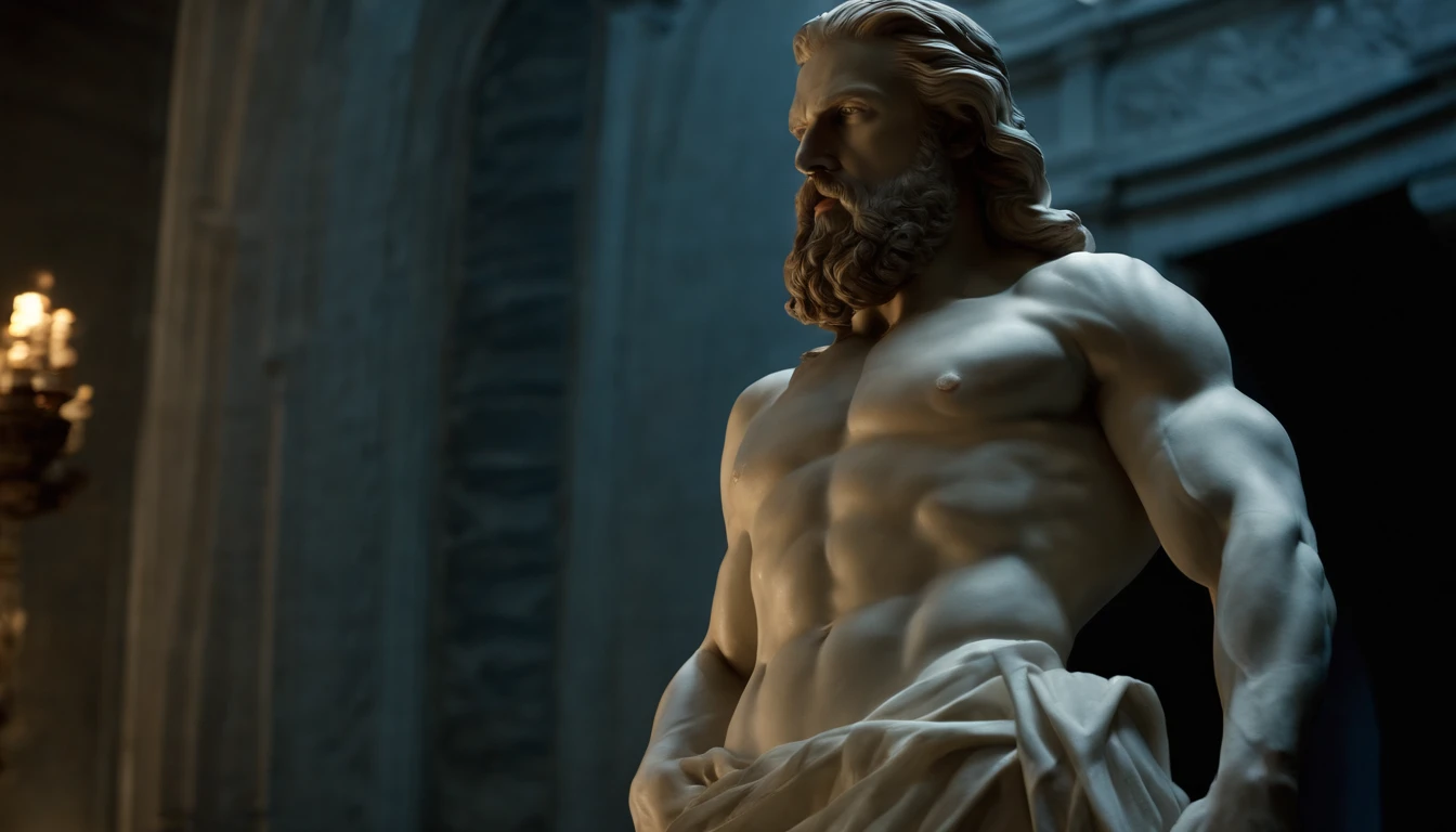 A white marble statue of a muscle, Bearded man with a stern look in a dark square at night, in the style of photographers Annie Leibovitz and Peter Lindbergh.