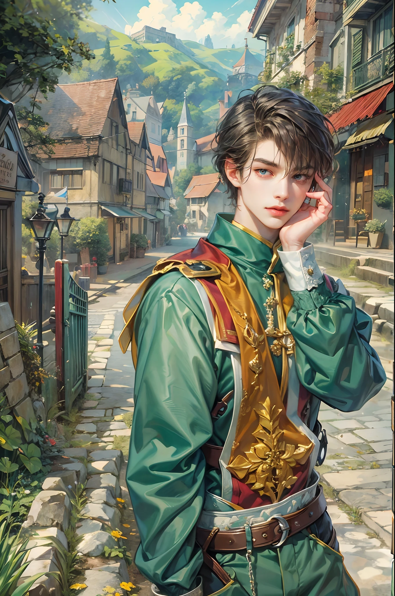 (absurdres, highres, ultra detailed, HDR), masterpiece, best quality, "rhapsody a musical adventure" ps1 game character, boy hero with short hair, detailed face, handsome face, anime eyes, at the town, detailed character, detailed outdoor scenery, art kenouji