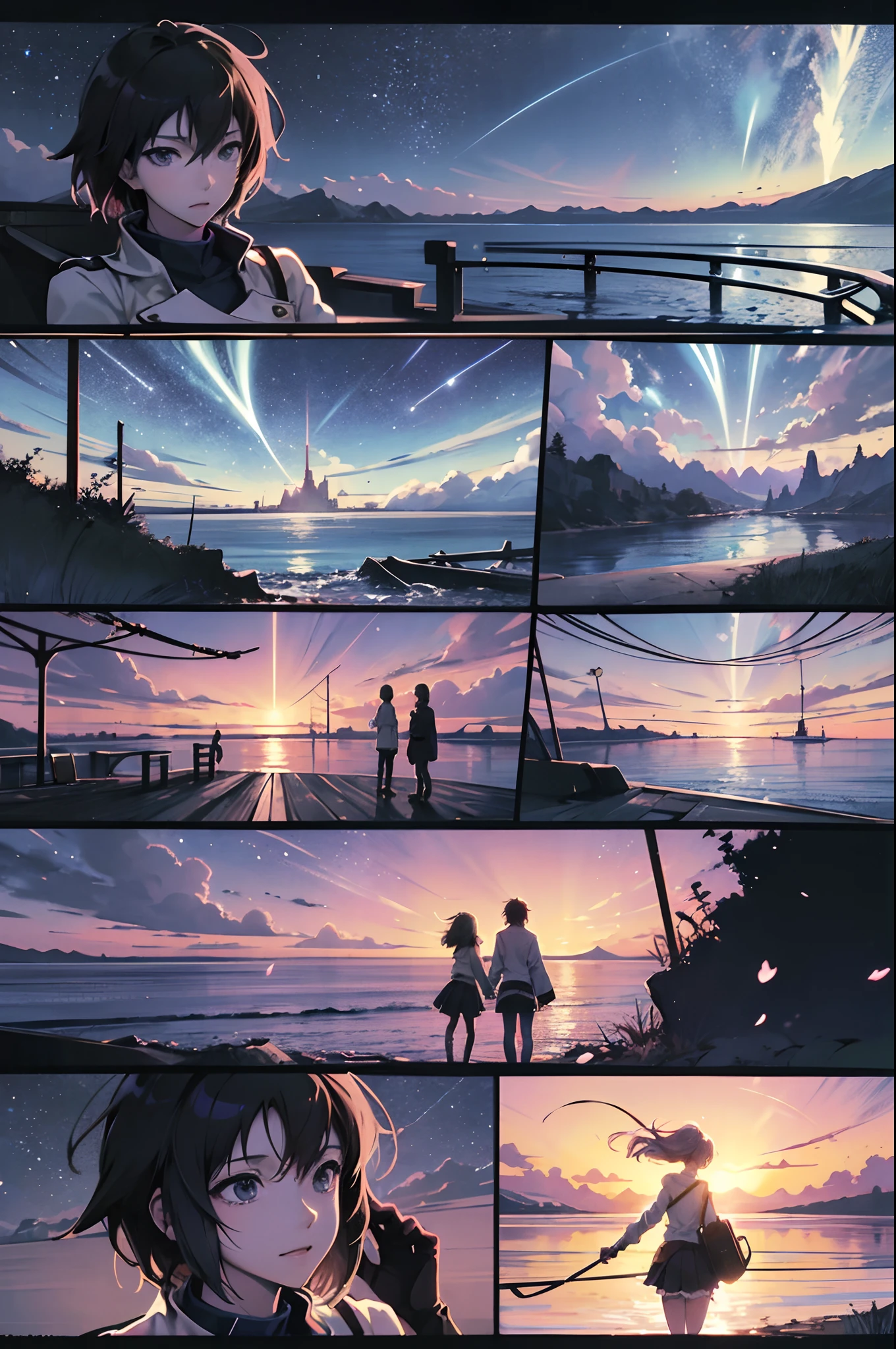 comic strip，Cartoon Split，Exceptional，Storyboard，Masterpiece, Anime magicians walk through large swaths of seawater, Bright starry sky. Romantic cherry blossoms, Makoto Shinkai's picture, Pisif, concept-art, Lofi art style, Reflection. By Makoto Shinkai, Lofi art, beautiful anime scenes, Anime landscape, Detailed scenery —width 672, in the style of makoto shinkai, Makoto Shinkai's style, Enhanced detail.