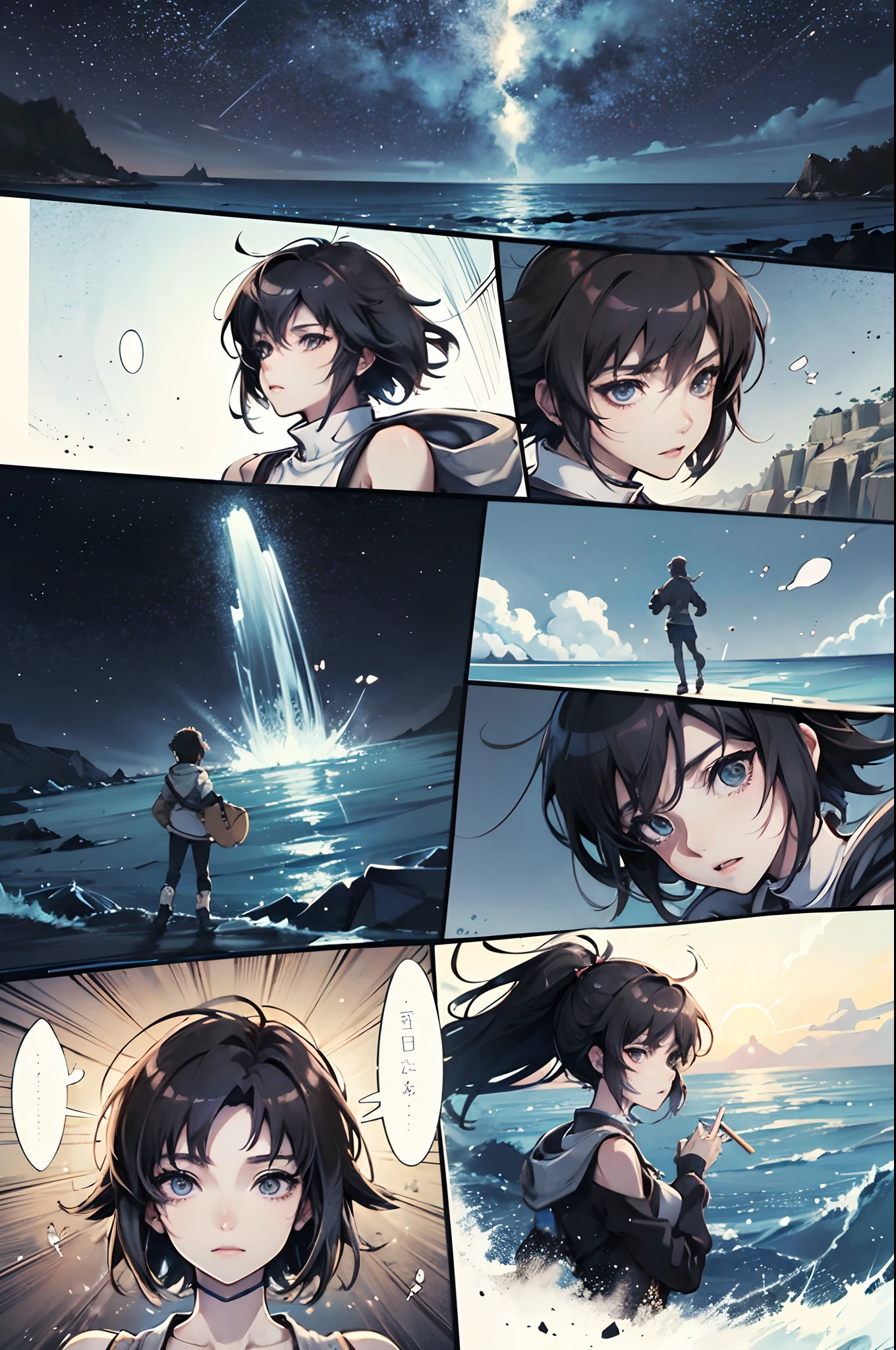 comic strip，Cartoon Split，Exceptional，Storyboard，Masterpiece, Anime magicians walk through large swaths of seawater, Bright starry sky. Romantic cherry blossoms, Makoto Shinkai's picture, Pisif, concept-art, Lofi art style, Reflection. By Makoto Shinkai, Lofi art, beautiful anime scenes, Anime landscape, Detailed scenery —width 672, in the style of makoto shinkai, Makoto Shinkai's style, Enhanced detail.