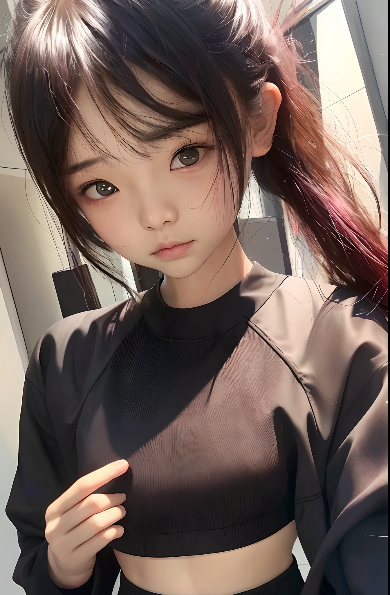(Need,tmasterpiece),(详细的脸,realisticlying,the detail),1girll,simplebackground,looking at viewert,Focus on the face,The color hair,校服,Crop tops