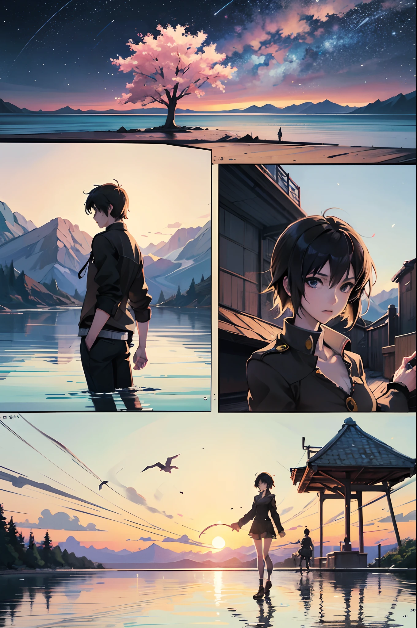 comic strip，Cartoon Split，Exceptional，Storyboard，Masterpiece, Anime magicians walk through large swaths of seawater, Bright starry sky. Romantic cherry blossoms, Makoto Shinkai's picture, Pisif, concept-art, Lofi art style, Reflection. By Makoto Shinkai, Lofi art, beautiful anime scenes, Anime landscape, Detailed scenery —width 672, in the style of makoto shinkai, Makoto Shinkai's style, Enhanced detail.