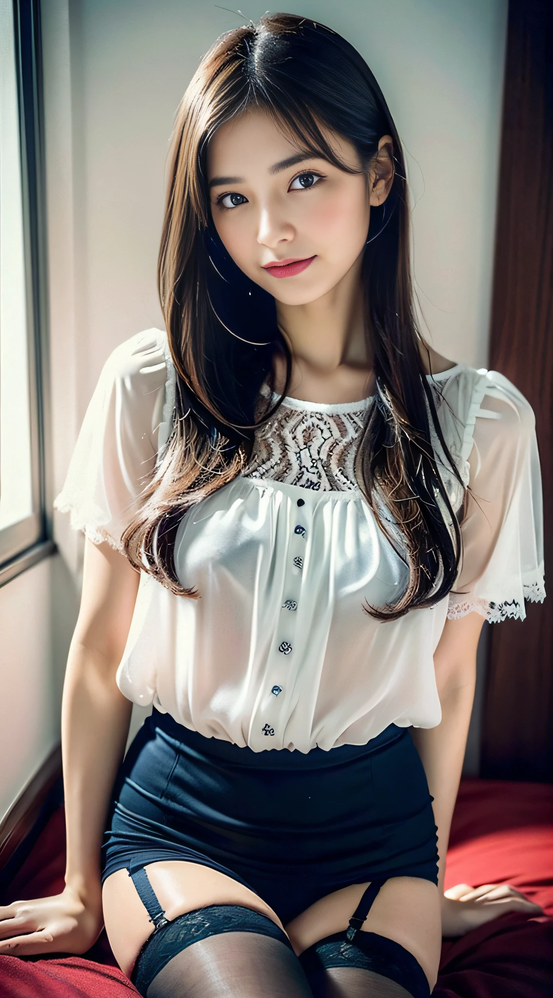 (32k,high detal,high-detail、Attention to detail,full body Esbian,独奏,Incredibly beautiful and sexy but so cute15 high school girl lori beautiful girl:1.9),Raw photo & realistic atmosphere,beautiful dark blue eyes,Detailed mouth,Glossy lips,Detailed eyebrows,Eyes drawn in detail with soft white skin that shines in every detail、Very beautiful eyes with dark blue eyes,Detailed lips、Very beautiful face,Very well-formed face、Real Face,shiny beautiful lips,Beautiful eyebrows,Infinite reality, Realistic Young Gravure Idol, Young Sensual Gravure Idol, Young Gravure Idol, Beautiful, sexy and cute.15 year oldhool girl beautiful girl,the whole body is wet,dripped out,with a flushed face,,The body is dripping wet,Sheer clothing,Hair is wet,Dripping water,dripping,(Wet and see-through short sleeve blouse,Beautiful kind eyes,Looking at the camera:1.5),(Beautiful smooth legs,Exposed thighs,Gentle smile,Sexy shapely breasts,,Immature body,Beautiful sexy floral almost lace blouse with red and white base,Super emphasis on bare thighs,Show off your beautiful thighs sexy,Dark room in crimson sexy space,Sit on the bed、Stand on both feet:1.7),(semi-long hair with a shiny knot,,,White and navy blue floral lace blouse,3dSuper high-resolution blouse with super detail、Lace and ruffles、Made sexy with see-through fabric,All buttons of the blouse are unbuttoned.,The lower part of the body wears only pantyhose and panties with a black garter belt,cover crotch with hands,Warm your crotch with your hands,Dark red,total darkness,The room is dark、Difficult to see the subject.,Sexy space in pitch black red:1.9)