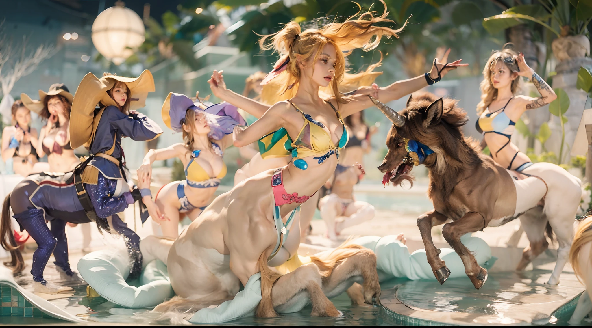 In the beautiful illustration of this super-grand scene，The ultra-distant lens shows us（Over eight separate and distinctive centaur characters：9.9），They all have their own characteristics，Vivid and interesting。Translucent fluid flowing from the（A radiant angelic centaur from the celestial realm：6.6），to the（A centaur surrounded by nightmarish flames：6.6）、And then（A fairy centaur dancing in the air：6.6）、And then there is（Unicorn centaur surrounded by lightning：6.6），to the（Mechanical style centaur with a metallic glow：6.6）、And then（Powerful colorful dragon scale centaur：6.6）、And then（Graceful and agile elf centaur slenderness：6.6）Gracefully wears a flower crown、to the（Enchanting and charming Tiflin centaurs：6.6）、And then（A succubus centaur with an indescribably sexy feeling：6.6）。Each character has their own unique charms and abilities。The illustration uses advanced artistic techniques and tools，（Use nesting、woven、stitching、ssee-through、arrange、grouping、Storyboards and other methods，Divide the scene into sections by geometric arrangement：9.9），Each section corresponds to a centaur character，This makes more efficient use of space。Through Midjourney's advanced brush tools、Color palette、Material packs and model packs、Texture tools，For each centaur, beautiful props are designed to increase racial characteristics、Clothing and physical features，（Enhances the character's personality and visual appeal：2.5），The scenery in the illustrations is stunning，There are changing skies、rainbowing、extreme light、Stars and Moon。Incorporating iconic landmarks such as Mount Everest，and fireworks、tranquil lake、Natural and urban elements of waves and neon lights，Creates a magical atmosphere，The centaurs display their unique abilities and equipment in a variety of environments，This is true even in extreme alien landscapes。（Use Midjourney's tools、Material packs、Texture tools、The color palette makes depicting details vivid and realistic：9.9），From complex hairstyles and as well as different racial tr