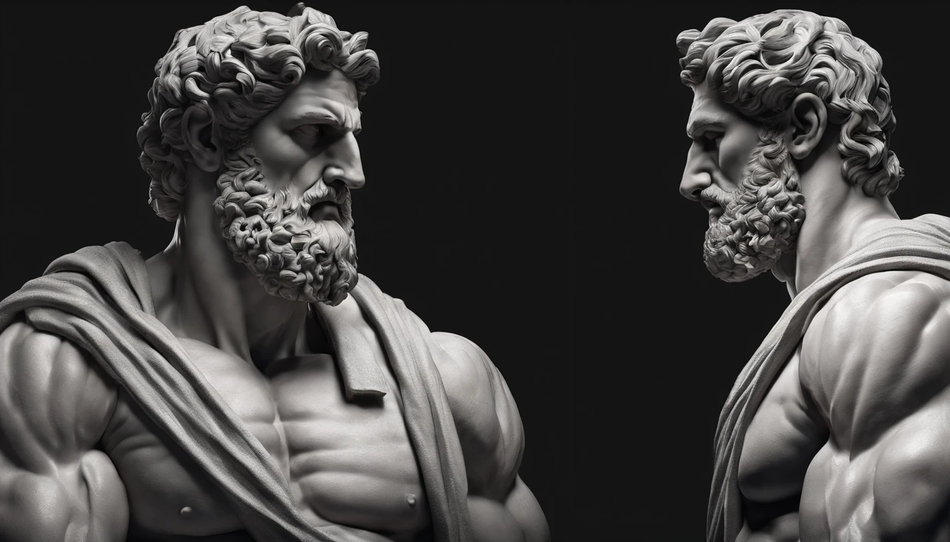 Stoic Greek statue with very muscular body in profile, strong arms, HERCULES STYLE, cinemactic, 8k, dark background GREECE