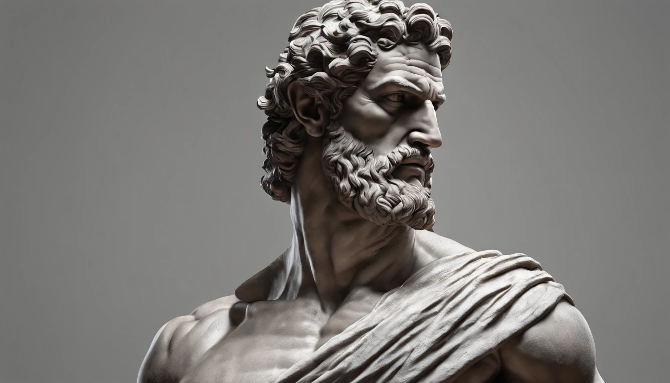 Stoic Greek statue with very muscular body in profile, strong arms, HERCULES STYLE, cinemactic, 8k, dark background GREECE