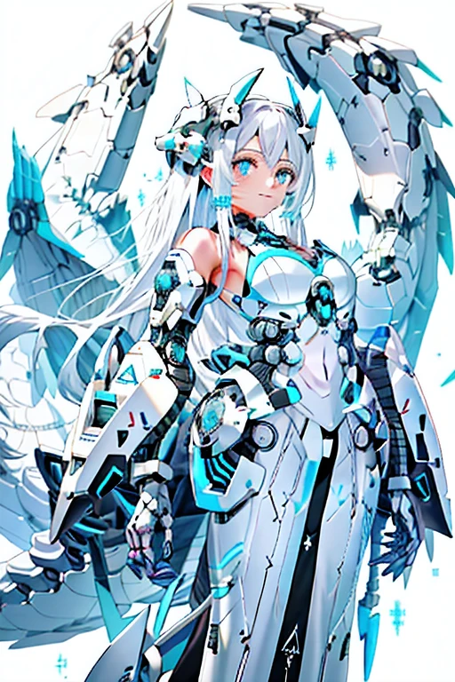 Anime characters with wings and a sword in hand, anime robotic mixed with organic, ethereal and mecha theme, trending on artstation pixiv, white cyan, white color mecha, Detailed digital anime art, mecha asthetic, anime mecha aesthetic, Detailed key anime art, advanced digital anime art, Guweiz in Pixiv ArtStation，Bright blue eyes， Keep your mouth shut， （（mechanicalparts））， Mechanical spine， mechanized， mirai， Wide buttock， Lab Room， （mechs））， Stylish energy\（module\）， repairing， （Female Giant 1.4）， The surrounding scene looks small，The protagonist has become bigger，（The surrounding scene has become smaller，Make protagonist 1 larger.），（The scene becomes smaller by 1.2），exteriors，cyber punk perssonage，City lights，nigh sky，neonlight，Lighting enhancement，orange color theme （best illuminate） ， （Super intricate details） ， 4k unity， （Super detailed CG： 1.2） ， （8K： 1.2） ， ， （shackle，：1.4） ，