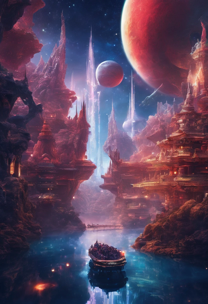 (Masterpiece)),((Best quality)),((High- sharpness)),((realisticlying)),In a red dream, (Background with:Deep in space),(Biomechanical moving castle),There are complex cities,the street,(salama:1.2),(Avatar spotted creek beast:1.2)Mysterious outer space, Floating mountains, avatar landscape, Water channels, Hallelujah Hill, (Giant castle floating in the air: 1.5), (Reflection), amazing alien landscape, Floating islands, Movie dystopia, Epic matte painting, Alien jungle, Dutch Golden Age painting, Fuji colors, Shining, Blurry, fading border,, 8K,floating platforms, Surrounded by wonderful scenery.