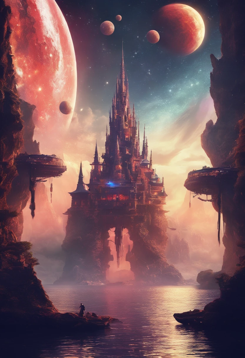 (Masterpiece)),((Best quality)),((High- sharpness)),((realisticlying)),In a red dream, (Background with:Deep in space),(Biomechanical moving castle),There are complex cities,the street,(salama:1.2),(Avatar spotted creek beast:1.2)Mysterious outer space, Floating mountains, avatar landscape, Water channels, Hallelujah Hill, (Giant castle floating in the air: 1.5), (Reflection), amazing alien landscape, Floating islands, Movie dystopia, Epic matte painting, Alien jungle, Dutch Golden Age painting, Fuji colors, Shining, Blurry, fading border,, 8K,floating platforms, Surrounded by wonderful scenery.