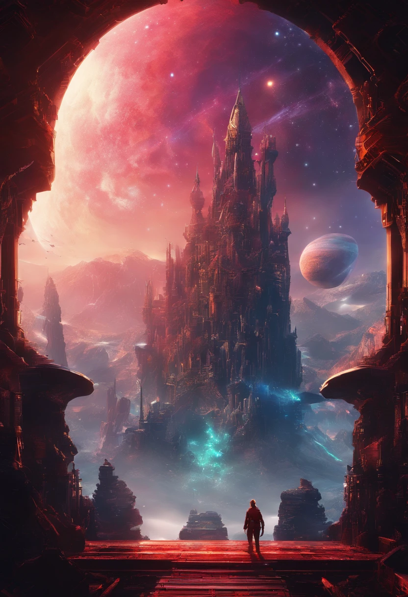 (Masterpiece)),((Best quality)),((High- sharpness)),((realisticlying)),In a red dream, (Background with：Deep in space),(Biomechanical moving castle)，There are complex cities,the street,（salama:1.2),(Avatar spotted creek beast:1.2)Mysterious outer space, Floating mountains, avatar landscape, Water channels, Hallelujah Hill, (Giant castle floating in the air: 1.5), (Reflection), amazing alien landscape, Floating islands, Movie dystopia, Epic matte painting, Alien jungle, Dutch Golden Age painting, Fuji colors, Shining, Blurry, fading border,,  8K,floating platforms, Surrounded by wonderful scenery.