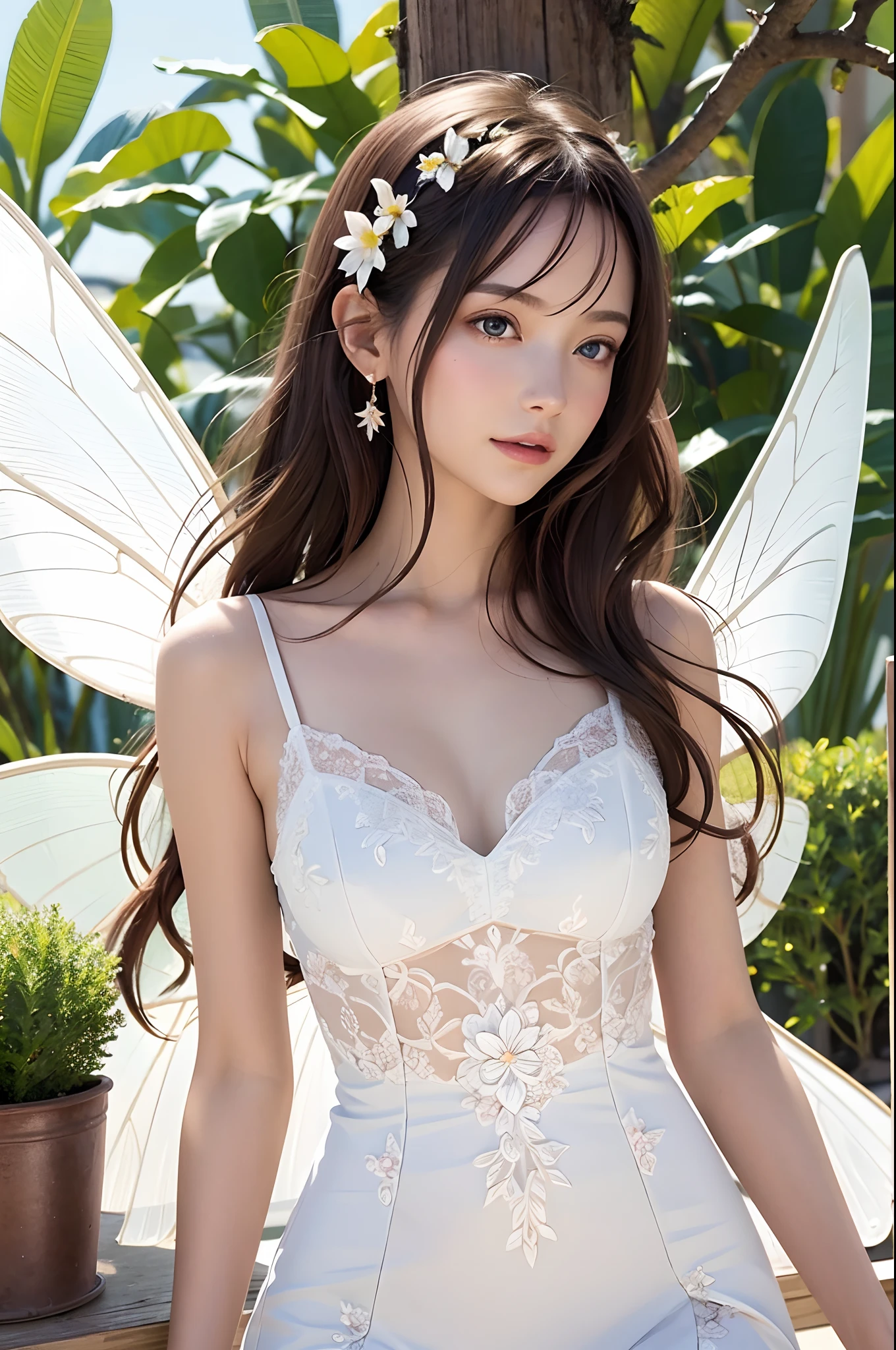 Masterpiece, highest quality, (((masterpiece))), (((highest grade))), ((extra fine)), (illustration), ((extremely delicate and beautiful)), dynamic angle, floating, (fairy Wings: 1.4), (beautiful detailed eyes), (detailed light), (1 girl), medium bust, medium long hair, dark brown sparkling eyes, dark brown hair, bodycon dress, natural, (sunlight), (painting), (sketch), (flower), slight smile, pastel colors, complete anatomy, upper body, highly detailed beautiful face,