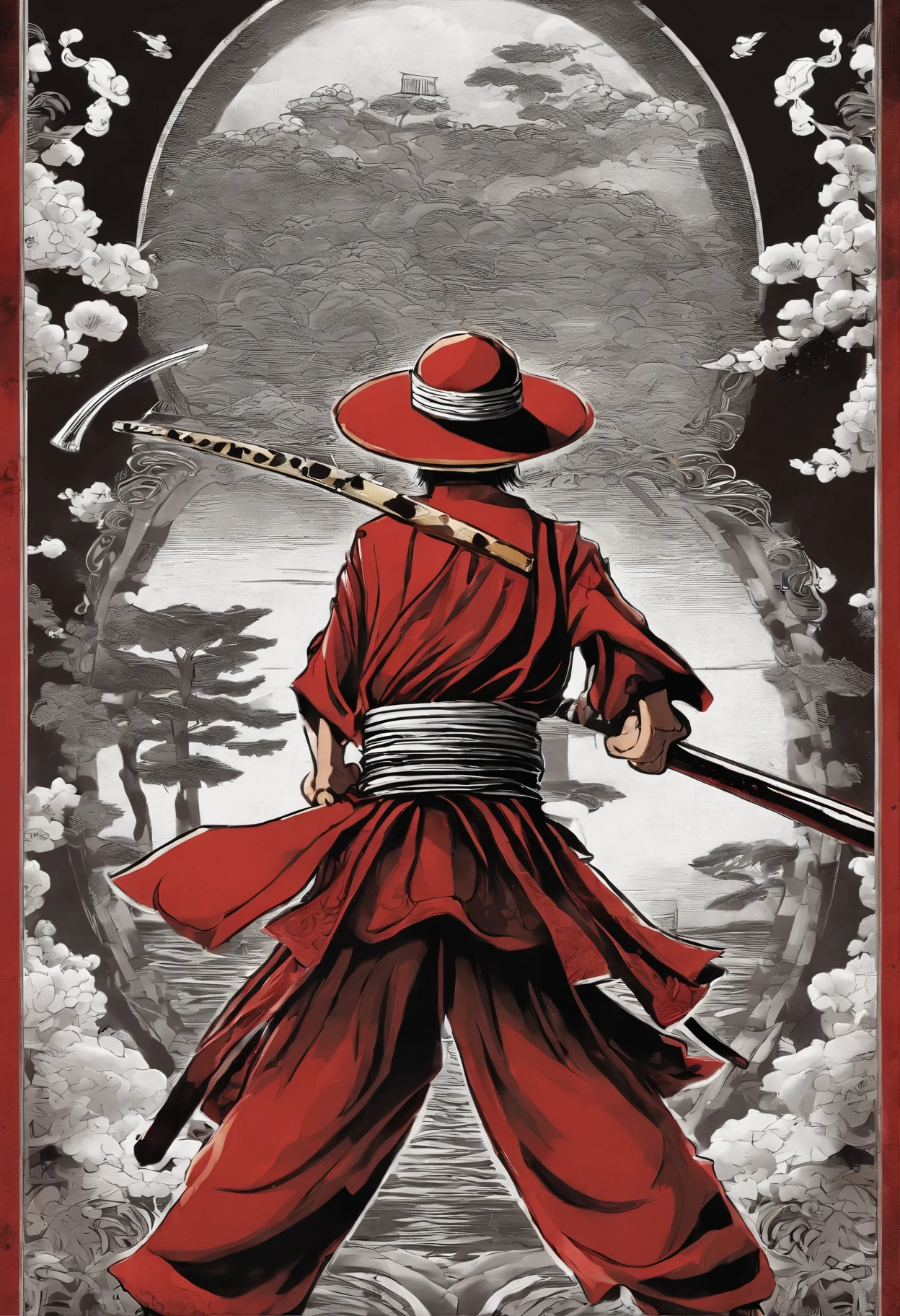 "(monkey D. Luffy samurai preto+vermelho+Branco), incredible details, pose feroz, Traditional Japanese background, epic illustration, Flawless image quality"