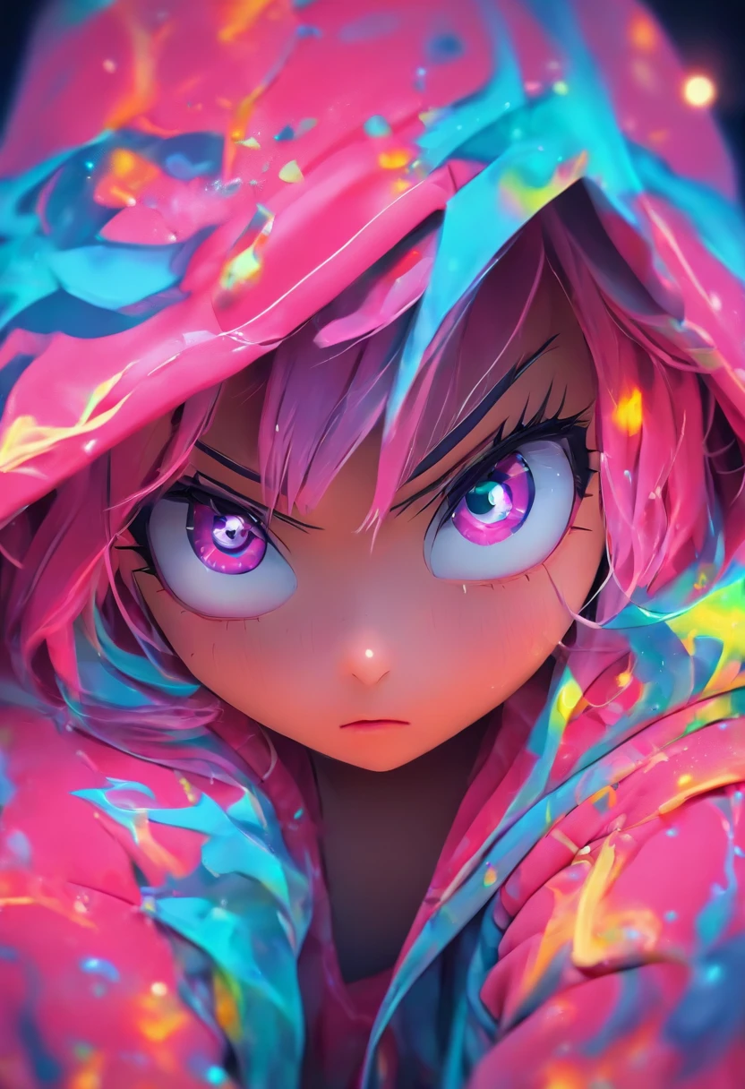 Top quality.。.3D.Masterpiece, high resolution, 8K, Hoodie and anime style girl, One girl, detailed line art, Digital enhancement, Close up, Anime core, Flowing fabric,Grimacing,Big eyes cute