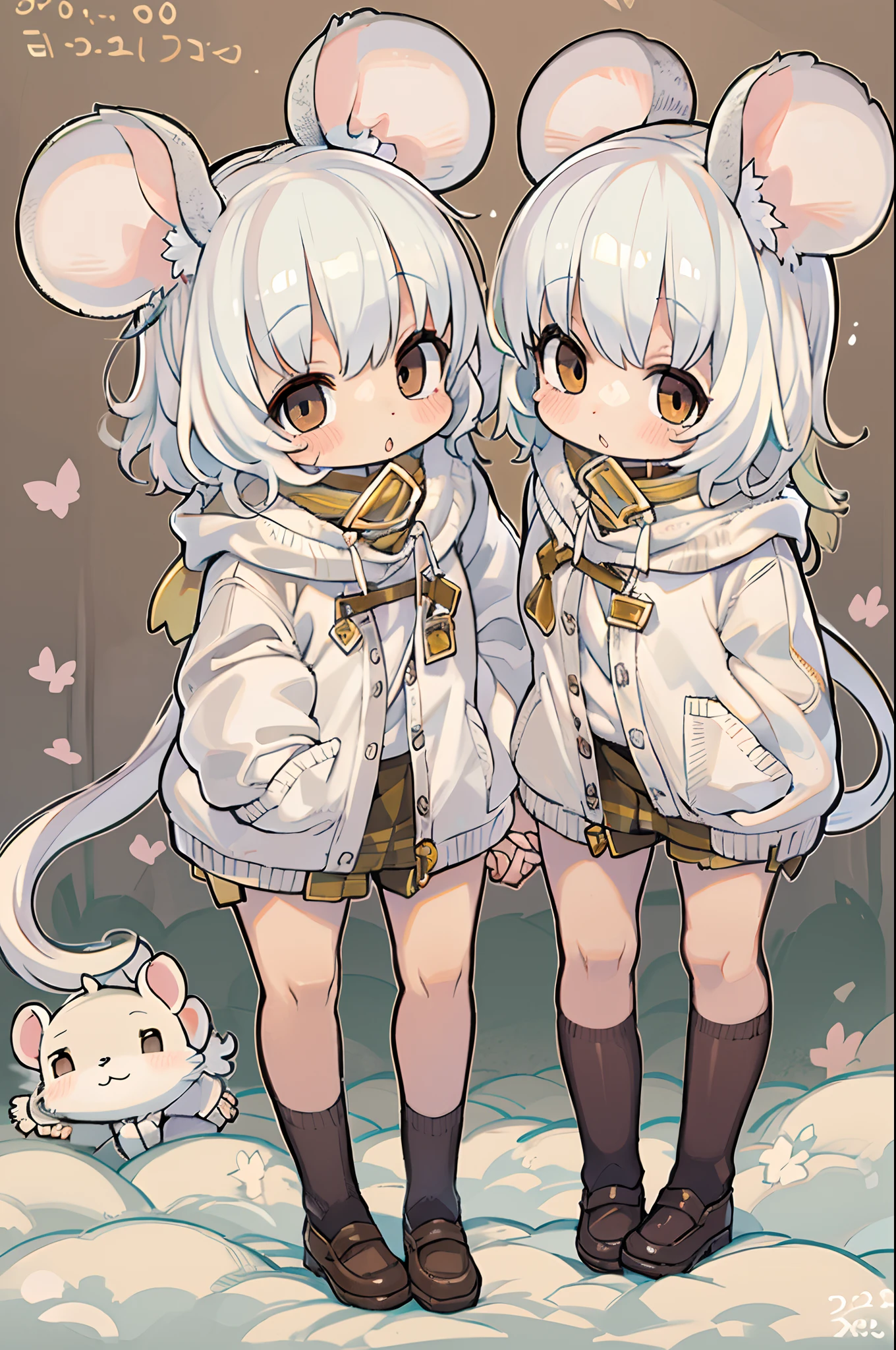 twins, Mouse Girls, short fluffy white hair, Big round mouse ears, White sweater, Holding hands, ((dark brown eyes)), a couple, Beautiful, Glossy lips, Detailed eyes,Chibi