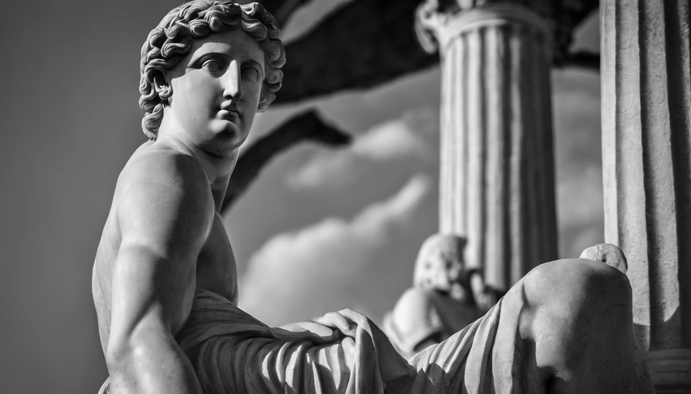 an ancient greek statue, forte e musculoso, Imagem em preto e branco.