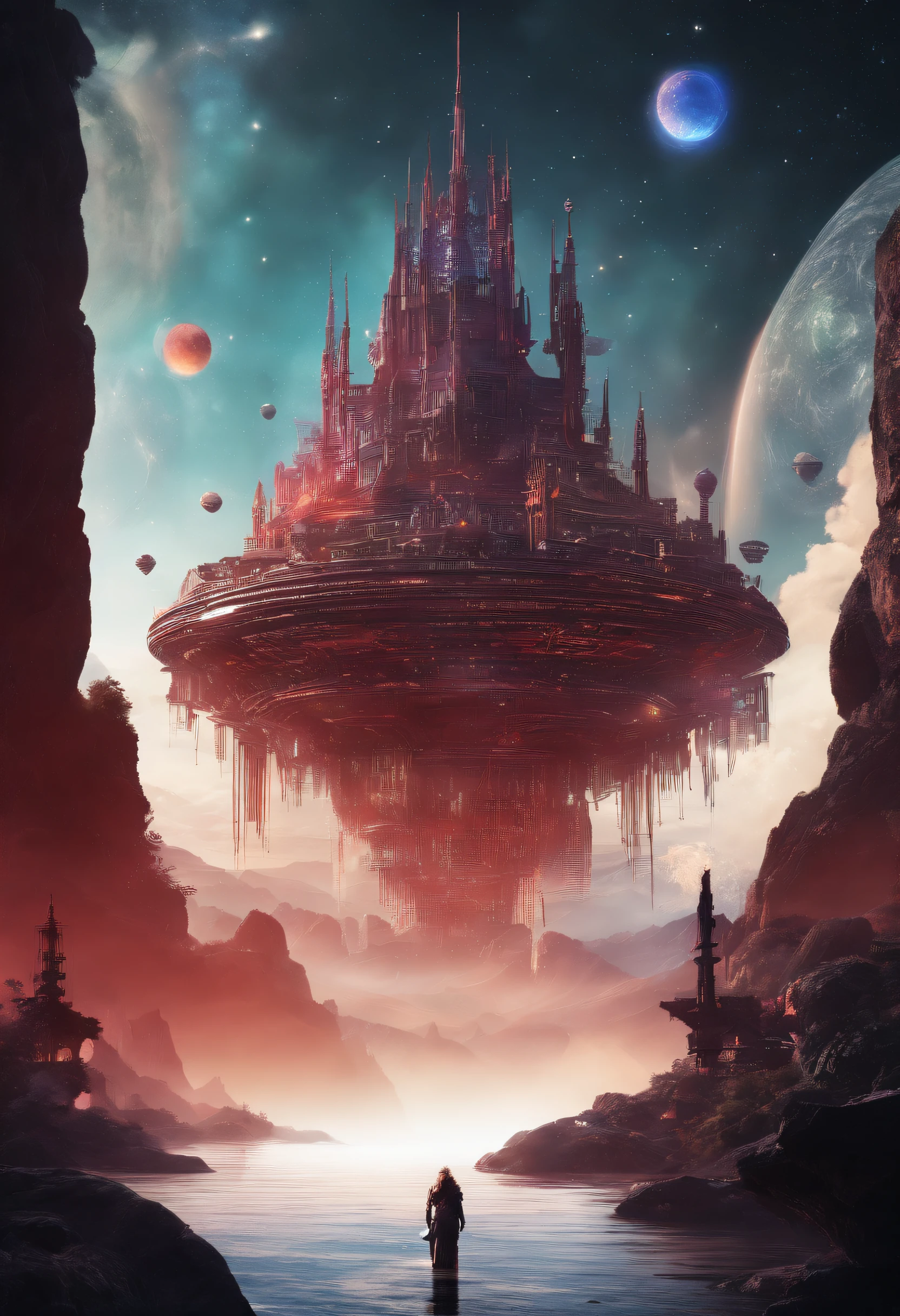 (Masterpiece)),((Best quality)),((High- sharpness)),((Realistic,))In a red dream, (Background with：Deep in space),(Biomechanics Moving Castle Creatures)，There are complex cities,the street,（salama:1.2),(Spotted creek beast:1.2)Mysterious outer space, Floating mountains, avatar landscape, Water channels, Hallelujah Hill, (Giant castle floating in the air: 1.5), (Reflection), amazing alien landscape, Floating islands, , Movie dystopia, Epic matte painting, alien mountains, Dutch Golden Age painting, Fuji colors, Shining, Blurry, fading border, partial underwater shot,  8K,floating platforms, Surrounded by wonderful scenery.