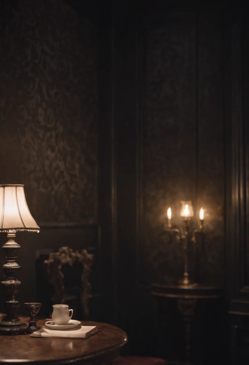 ghotic, marble black walls, Beautiful interior, lamps, bokeh, The Gloomy Room