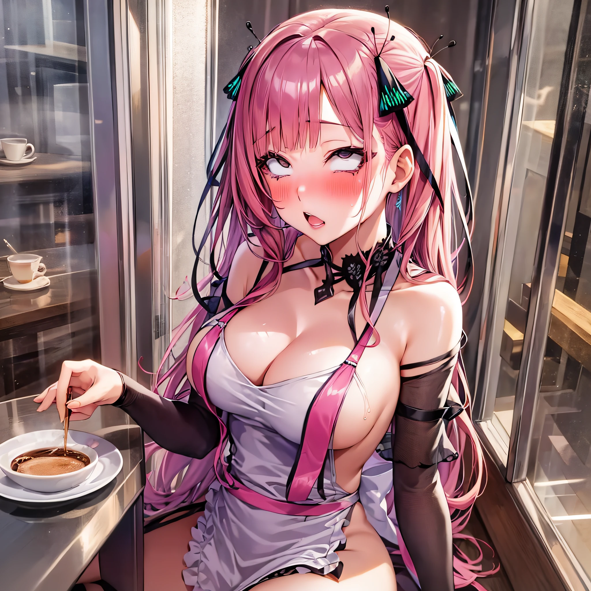1girl, solo, nakano nino, pink hair, butterfly hair ornament, (naked:1.3), (white apron), large breasts, cleavage, thighs, cafe background, (blushing:1.3)