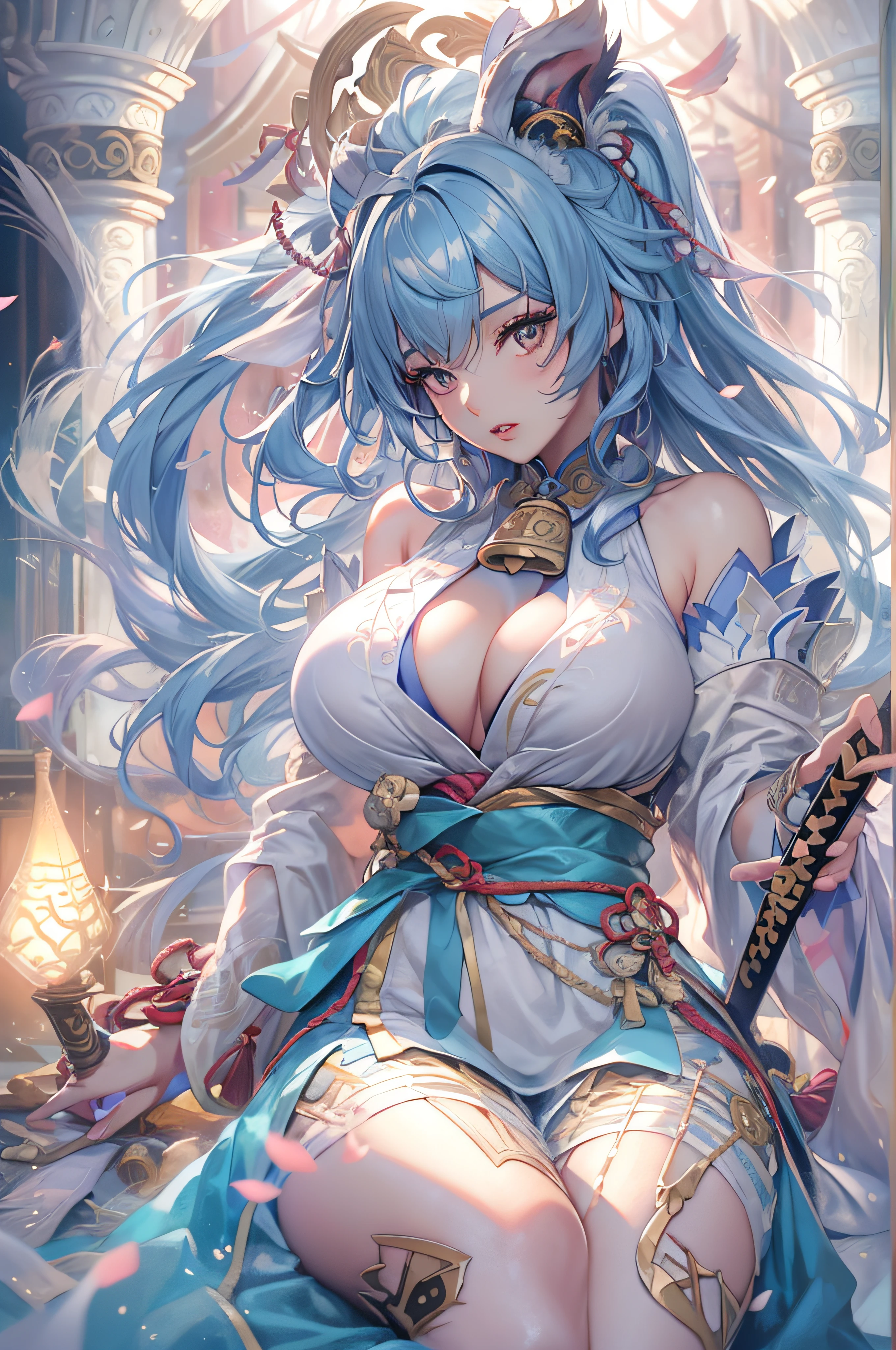 ((Jeizuo))),(((best qualit))),((ultra-detailliert)),(A hyper-realistic),(High Definition CG Illustration),Movie Light,Lifelike,(ganyu),Very beautiful young lady,Whirlwind,A bell hangs on his chest,(Beautiful face and lips),Light makeup,Intricate Details EBA,lightblue hair,blue cloak,Popular on ArtStation,Big thighs,fully body photo、Japanese Katana Sword、Japanese dress、Colossal tits