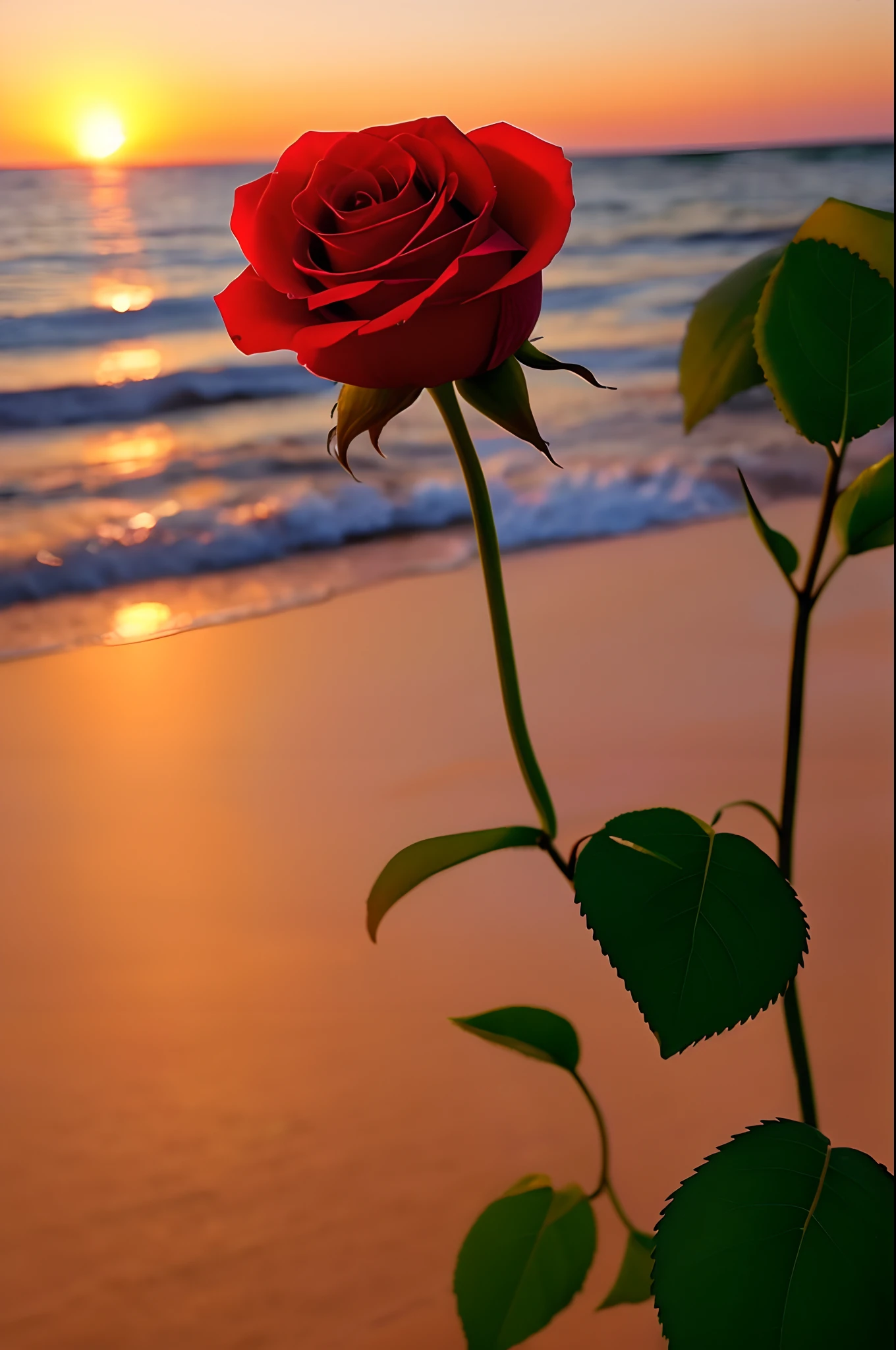 Close-up shot, a rose flower, the background is the gorgeous sunset by the sea, real texture, warm