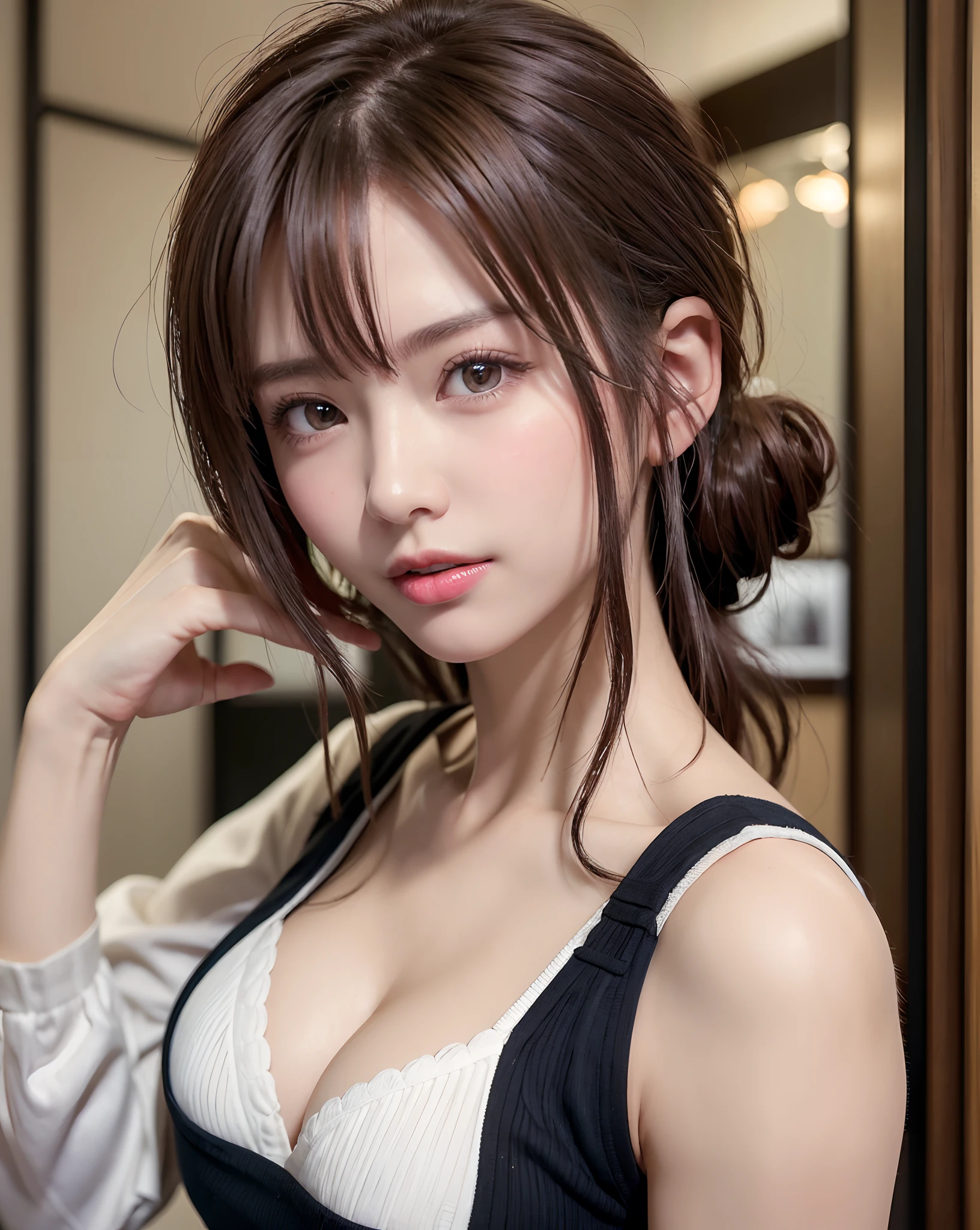 (masterpiece:1.3), (8K, Photorealsitic, Raw photography, Top image quality: 1.4), Japan high school girls、(Random hairstyles:1.2)、cleavage of the breast:1.2、Super Detail Face、Eye of Detail、二重まぶた、Bring your chest together、foco nítido:1.2、prety woman:1.4、light brown hair、top-quality、masterpiece、超A high resolution、(Photorealsitic:1.4)、Highly detailed and professional lighting smile、Men's shirts、Shoulder out、slender、serious facial expression、short-haired、Fatal position、Stick out your tongue、
