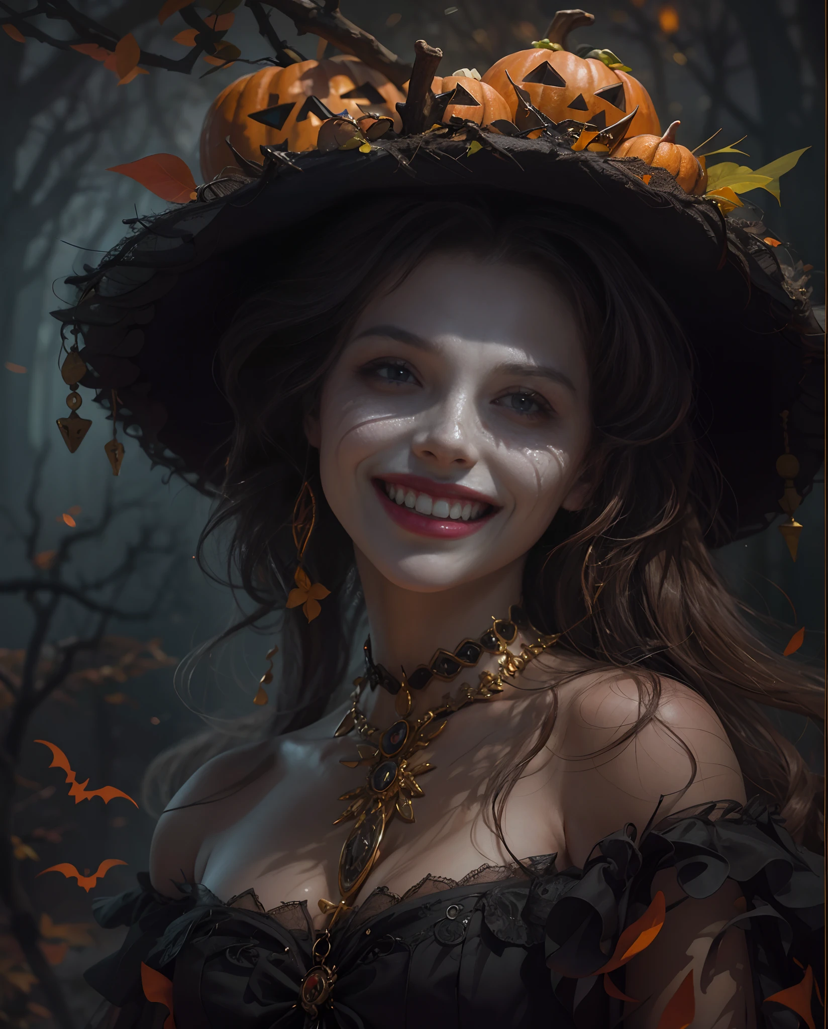 Best quality, masterpiece, meticulous details, intricate detail, realistic, a mystical hallowen lady with smile and cheerful expression, spooky vibes