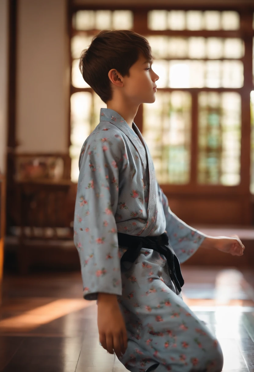 A very adorable 14-year-old boy, wearing nice pajama pants, and a black boot with a nice comfy pajama, barefoot, brown hair with an undercut, no deformities and extra fingers, he's at a party and he's dancing, he's sleeping in a room of a Japanese temple