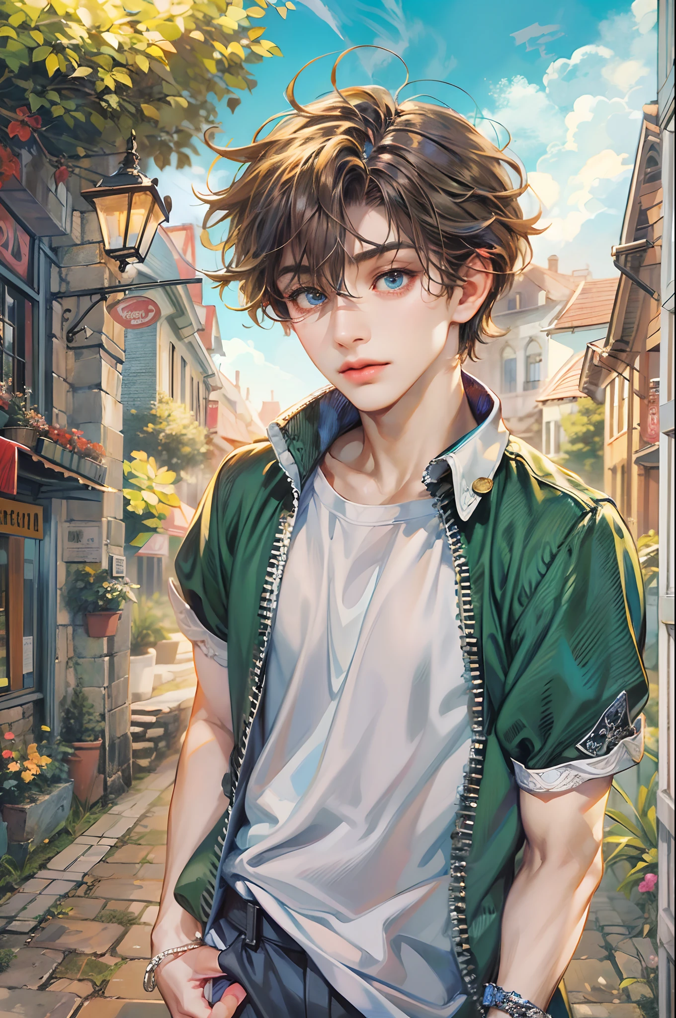 (absurdres, highres, ultra detailed, HDR), masterpiece, best quality, "rhapsody a musical adventure" ps1 game character, boy hero with short hair, detailed face, handsome face, anime eyes, at the town, detailed character, detailed outdoor scenery, art kenouji