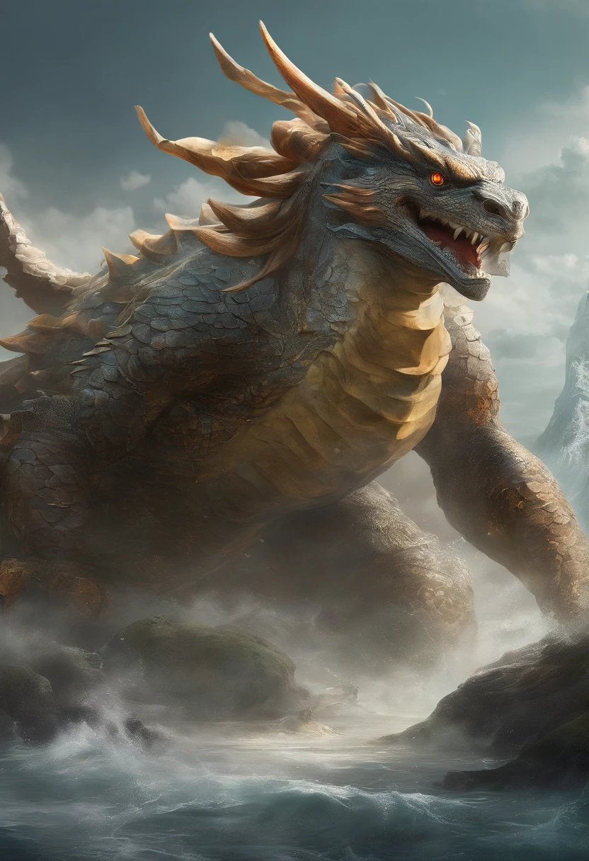 Dragon turtle，Huge, Heavy tortoiseshell shell，Chinese leader，The long tail of the snake，Huge waves，China-style，oc rendered，super-fine，high qulity，8K high resolution，ultra - detailed