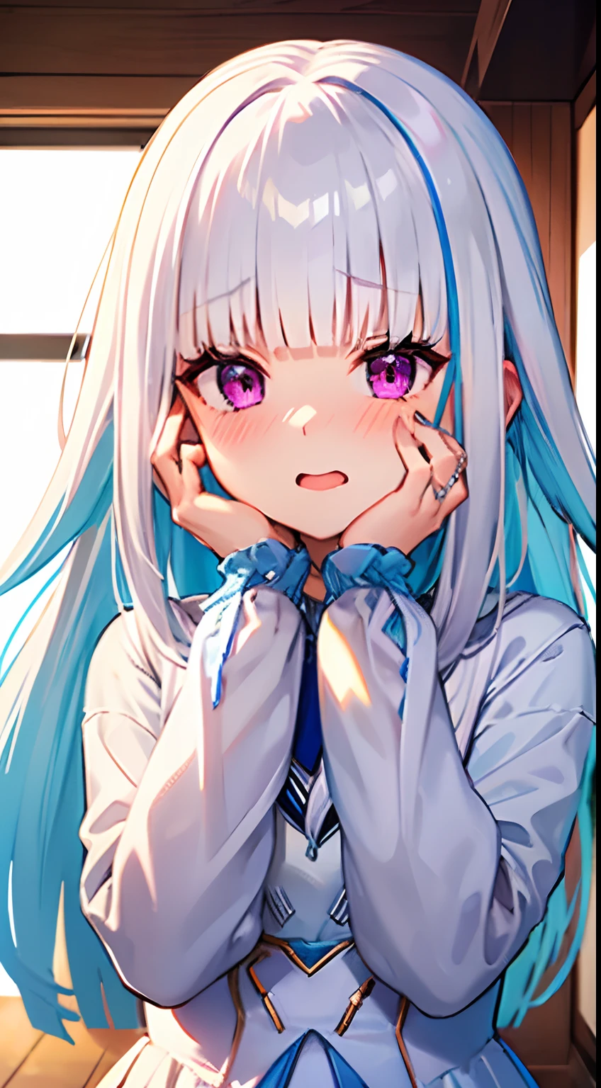 Masterpiece, best quality, detailed eyes, one girl with long hair and white blouse, white hair, embarrassed, blushing, mouth small open, indoor, wedding dress, looking at viewer, close up, hands on own face, ear blush, covering face, looking at viewer
