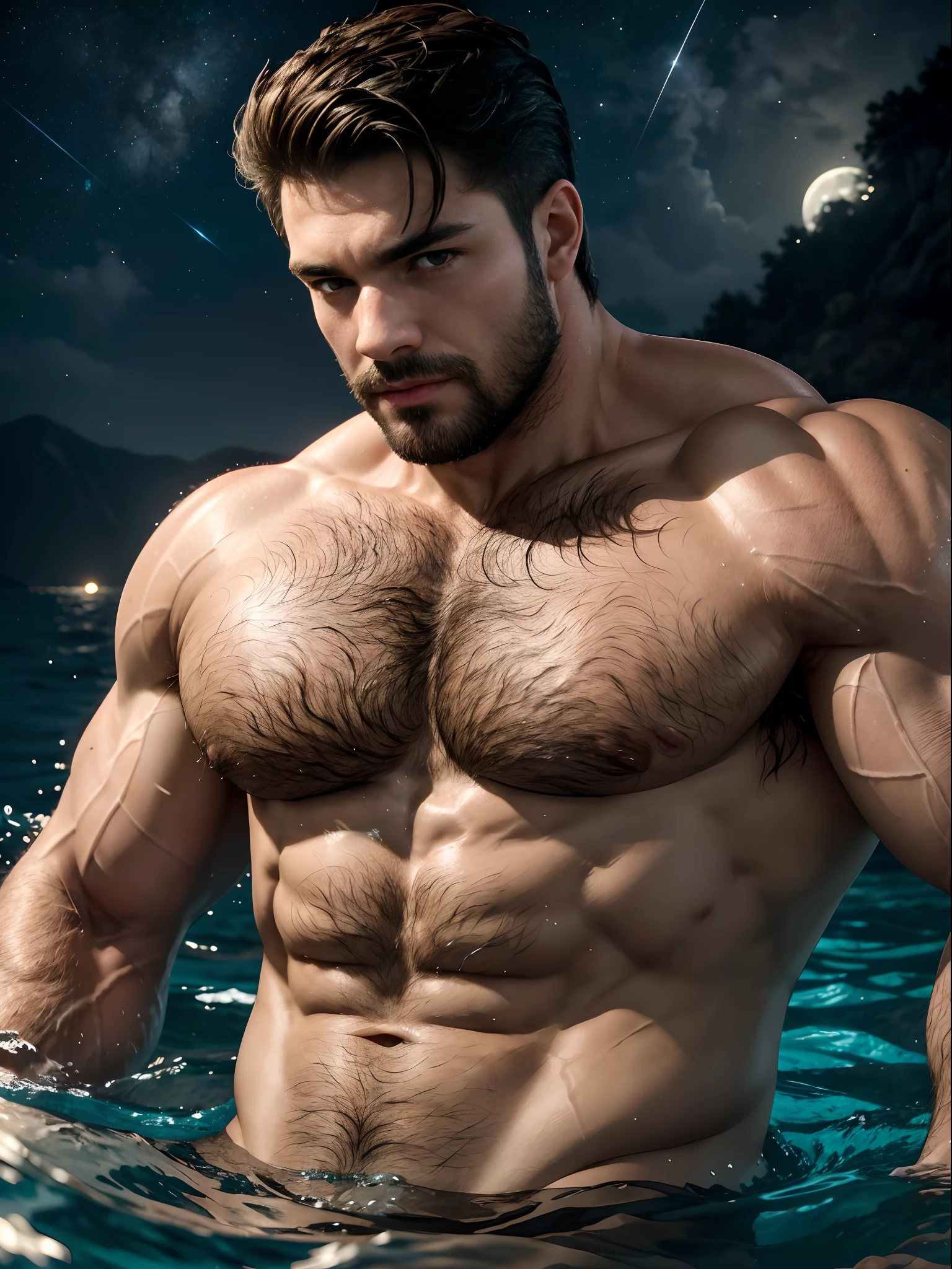 masterpiece, best quality, high resolution, closeup portrait, male focus, solo focus, muscular, burly, hairy, male, a man, in a sea, with half his body submerged in the water, behind a starry sky with a moon in the center, amazing composition, front view, HDR, volumetric lighting, ultra quality, elegant, highly detailed