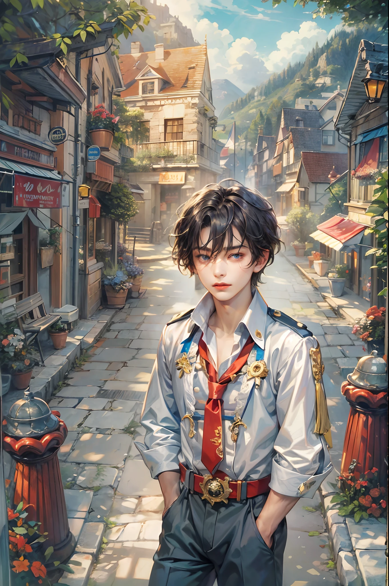 (absurdres, highres, ultra detailed, HDR), masterpiece, best quality, "rhapsody a musical adventure" ps1 game character, boy hero with short hair, detailed face, handsome face, anime eyes, at the town, detailed character, detailed outdoor scenery, art kenouji