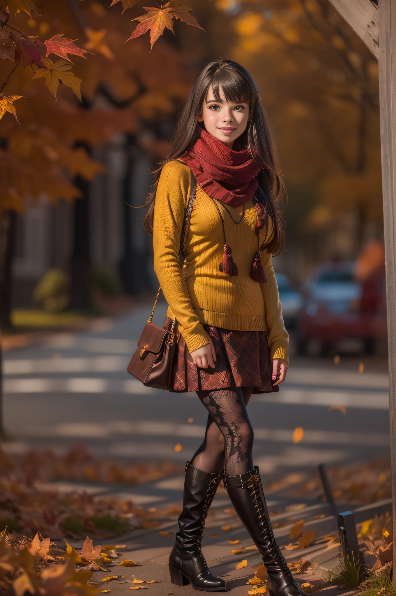 (realistic:1.3), finely detailed, quality, rembrandt lighting, (masterpiece:1.2), (photorealistic:1.2), (best quality), (detailed skin:1.3), (intricate details), dramatic, ray tracing, 1girl, american girl, 21 years old, detailed skin texture, (blush:0.5), (goosebumps:0.5), subsurface scattering, smiling, medium breasts, long hair, bangs, hair between eyes, edgADC_fashion, scarf, turtleneck sweater, skirt, leggings, boots, wearing edgADC, full body, (outdoors, new york, autumn setting, autumn leaves, professional street fashion photography),