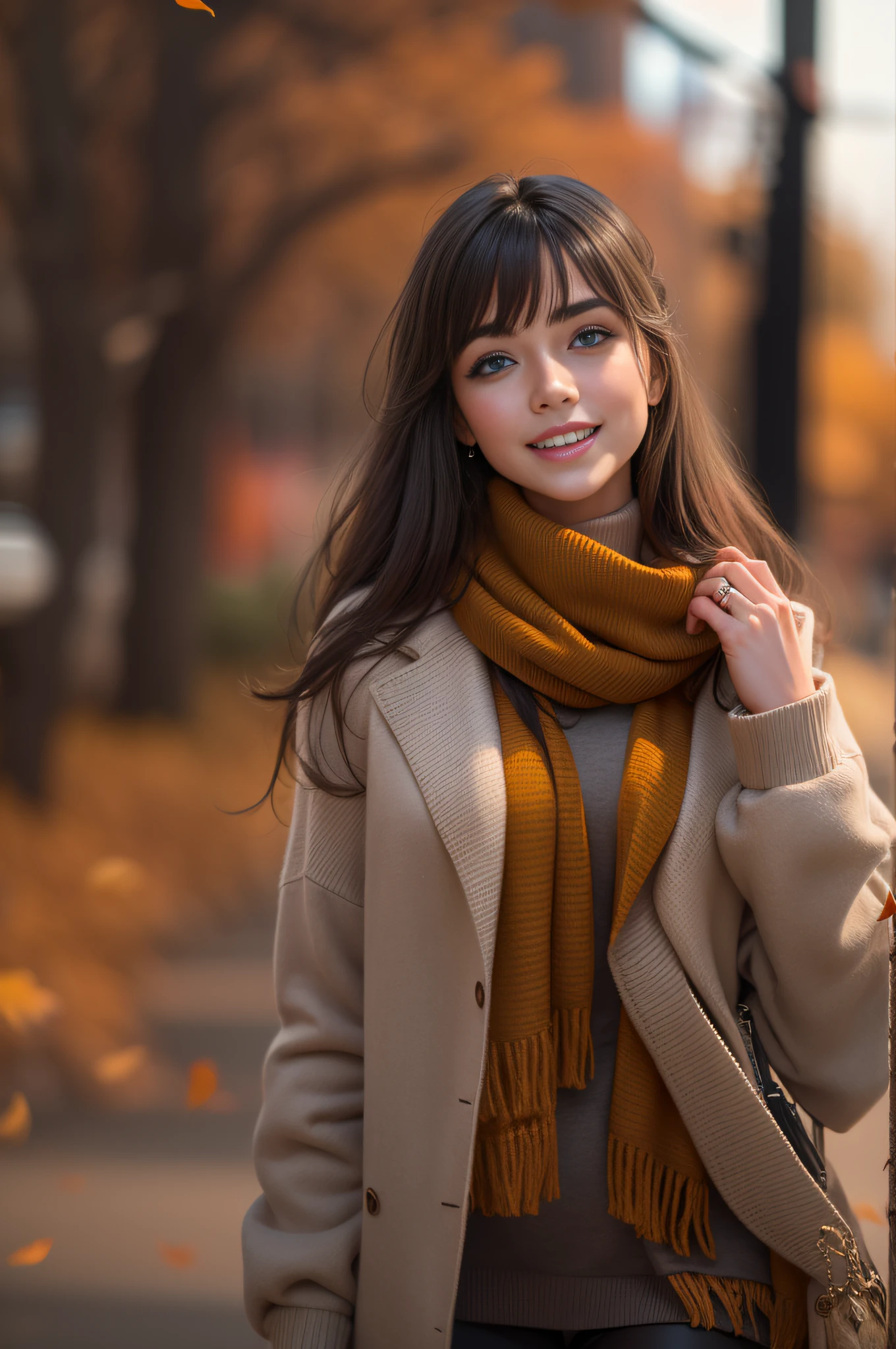 (realistic:1.3), finely detailed, quality, rembrandt lighting, (masterpiece:1.2), (photorealistic:1.2), (best quality), (detailed skin:1.3), (intricate details), dramatic, ray tracing, 1girl, american girl, 21 years old, detailed skin texture, (blush:0.5), (goosebumps:0.5), subsurface scattering, smiling, medium breasts, long hair, bangs, hair between eyes, edgADC_fashion, scarf, turtleneck sweater, skirt, leggings, boots, wearing edgADC, full body, (outdoors, new york, autumn setting, autumn leaves, professional street fashion photography),