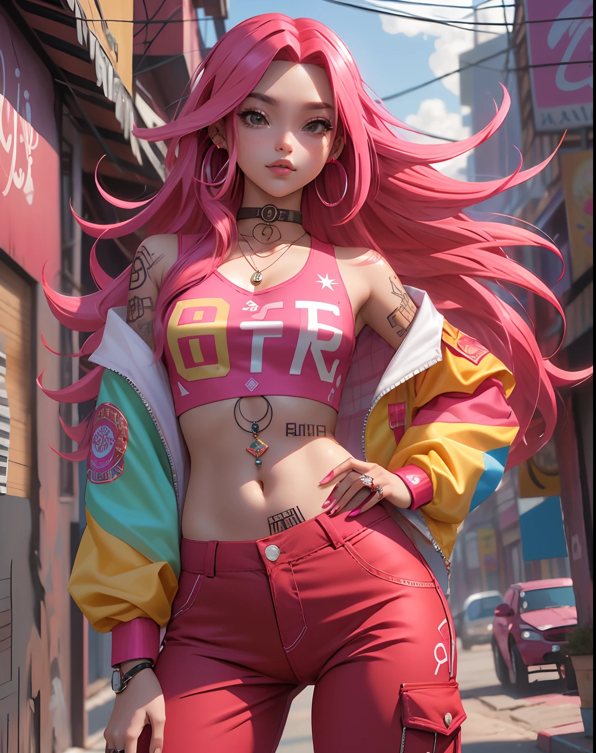 melhor qualidade, cyber sttyle , 1girl, sozinho, long and messy pink hair, tatuagem  tribal, BAGGY RED PANTS, fundo desfocado,