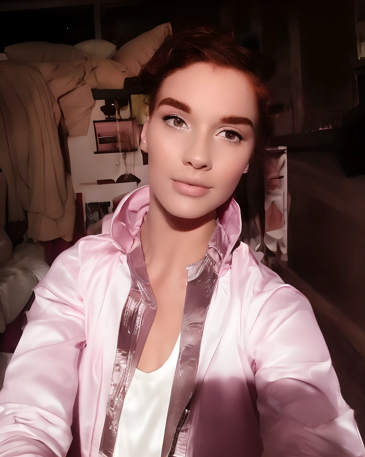 There is a woman sitting on a bed wearing a pink floral pajamas, red-haired girl, beautiful red-haired woman, red-haired woman, young red-haired girl, short bright red hair, red hair and attractive features, Anna Nikonova aka Newmilky, red-haired girl, redhead, beautiful woman, posing in bed, red head, with short red hair, posing in a room