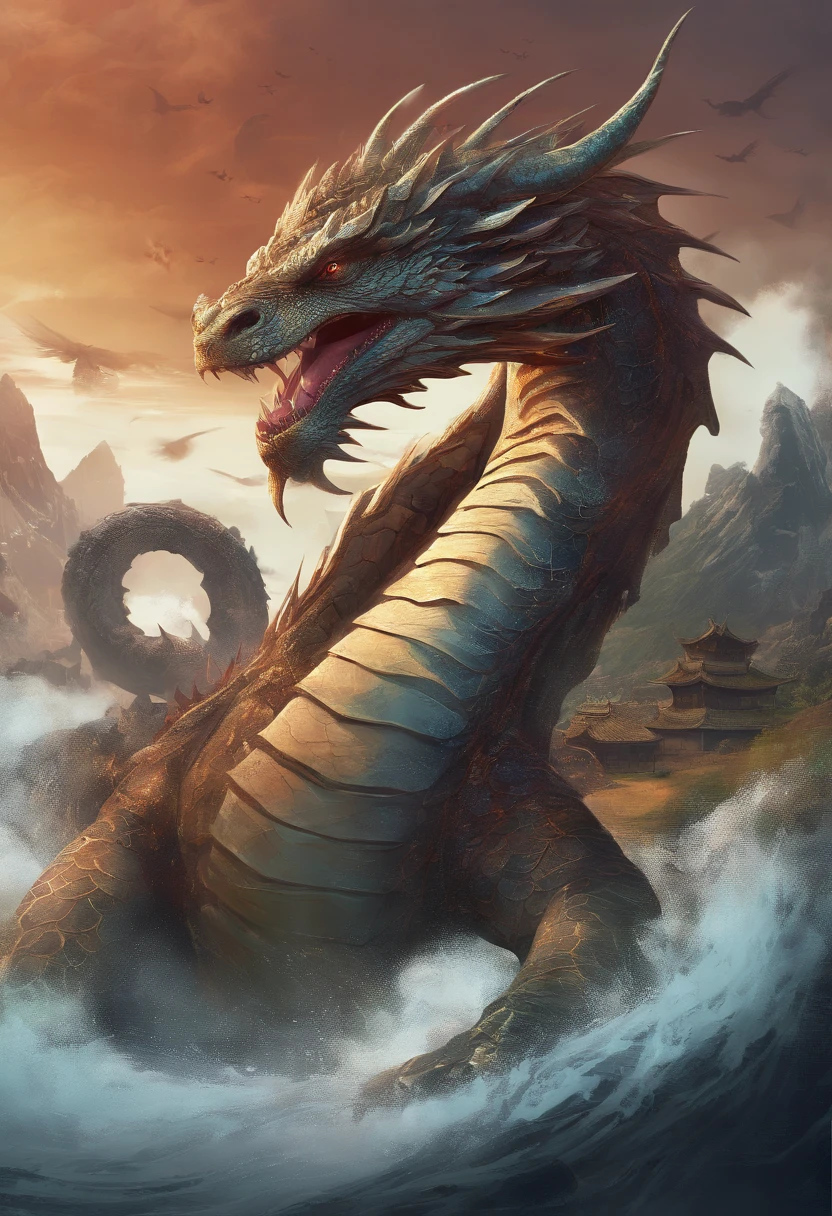 Dragon turtle,Huge, Heavy tortoiseshell shell,Chinese leader,The long tail of the snake,Huge waves,China-style,oc rendered,super-fine,high qulity,8K high resolution,ultra - detailed
