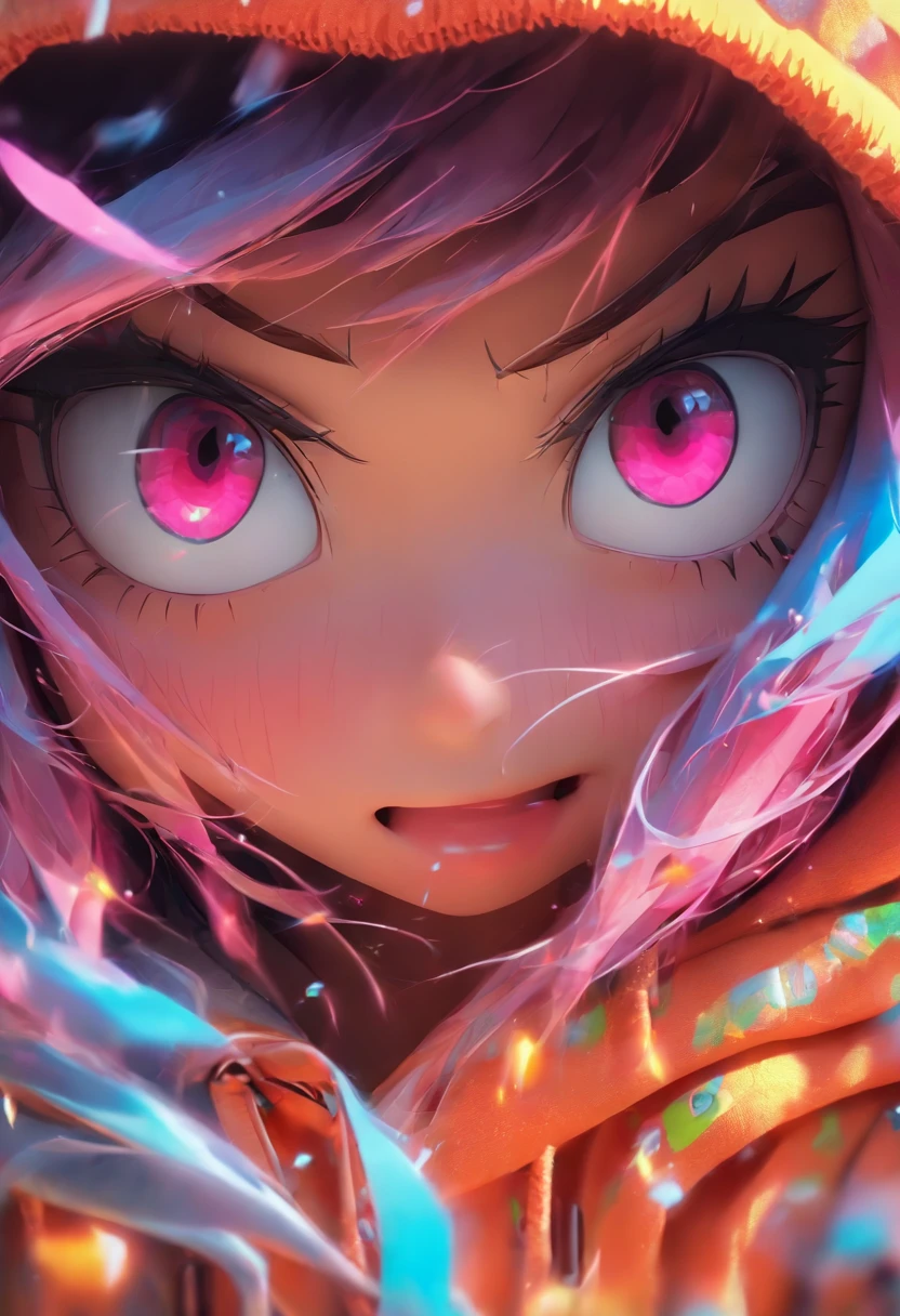 Top quality.3D.Masterpiece, high resolution, 8K, Hoodie and anime style girl, One girl, detailed line art, Digital enhancement, Close up, Anime core, Flowing fabric,Grimacing,Big eyes cute,teary
