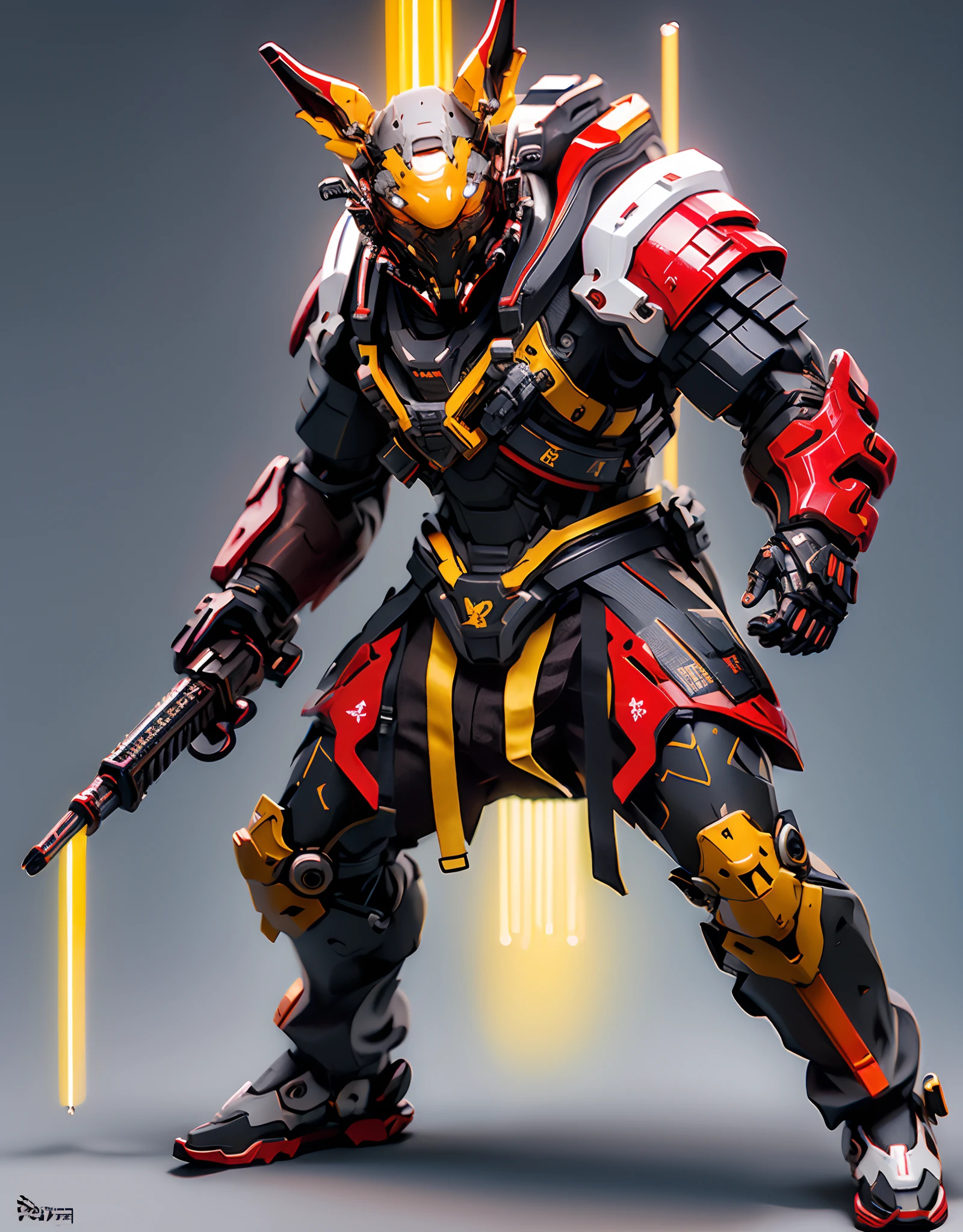 Dark fantasy full body a realistic dangerous, furious male rabbit samurai with high-resolution red, grey and yellow, rabbit head, tactical suit, mech details, realistic texture, realistic effect