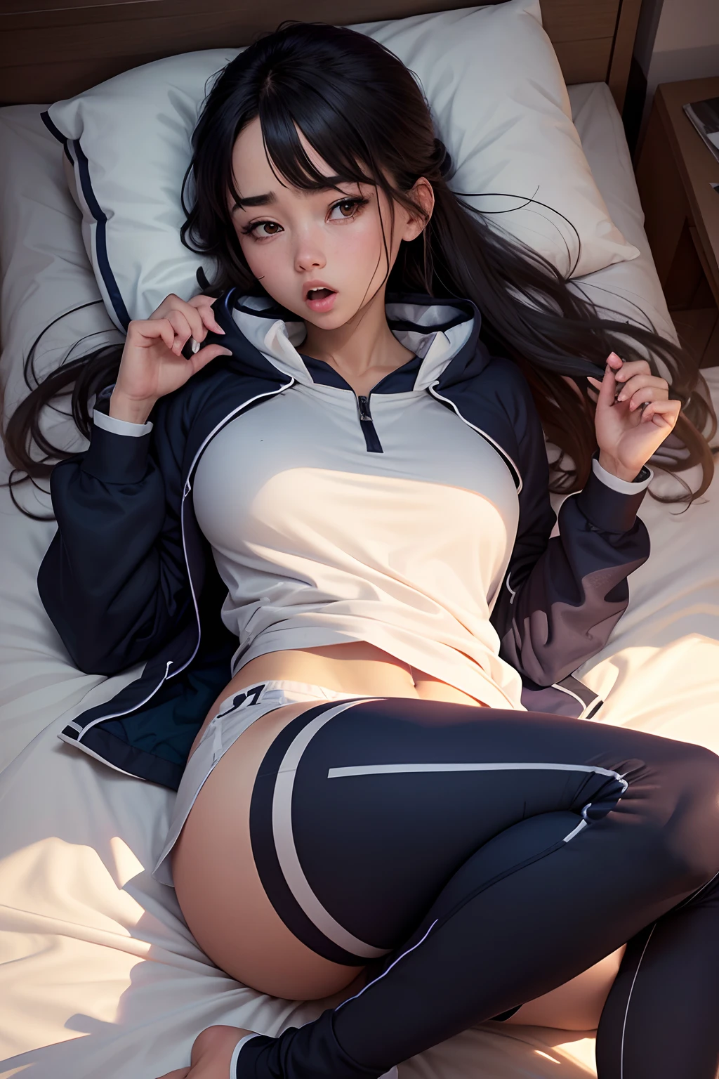 jersey、sportswear、long loose thick bottoms,、Outerwear on the foreground、age girls、sleep、closing eye、Opening Mouth、adult、A sexy、Glamour、a bed