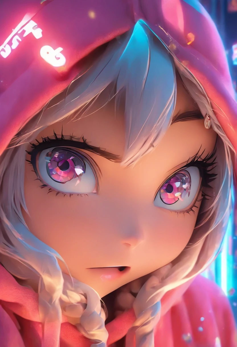 Top quality.。.。.3D.Masterpiece, high resolution, 8K, Hoodie and anime style girl, One girl, detailed line art,  Digital enhancement, Close up, Anime core, Flowing fabric，Grimacing，Big eyes cute