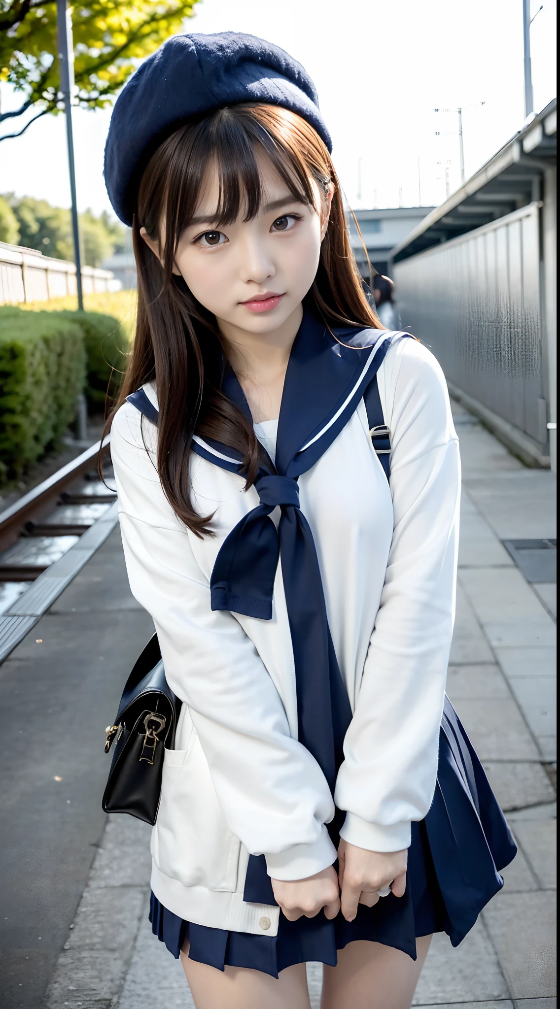 mix4, (16 K, Raw photography, Top image quality, masterpiece: 1.45), (realisitic, Photorealsitic: 1.37), one girls, 7.5, etc、Random hairstyle、Standing figure,Daytime、a very cute,Station platform,, profetional lighting, photon maping、physically-based renderingt, Gradient dark brown hair,Crisp backgrounds and high resolution, a handsome, Well-groomed and beautiful eyes、Large double eyelids、Very shiny、girl with, (((student clothes、Winter clothes、Sailor suit worn by Japan girl、Navy blue sailor color、scarf、a miniskirt, Small beret、high socks、lowfers、Frugal bag))), Top Quality Photos, hight resolution, 1080p, (clearface), (Detailed face description), (Detailed hand description), (masterpiece), (Exquisite CG)、extreme light and shadows、dishevled hair、master work、abundant detail、(Fine facial features)、(top quality photo)、(masuter piece)、(A detailed eye)、Look in front of you、Fine clavicle、((Slender big))、(((Japan schooln sailor suit)))、((Idle system))、((Station platform、wicket、train track、railroad crossing))、(((neat and cute)))、耳Nipple Ring、A big smile、Drawing the whole body from the knees、Do not draw nasolabial folds、(((Long sleeve sailor suit)))、(Big breasts that hang down big:1.2)、Big buttocks with tension、Two arms and two legs、(((from the front side:0.3)))、bare hand、No mask、No skin exposure