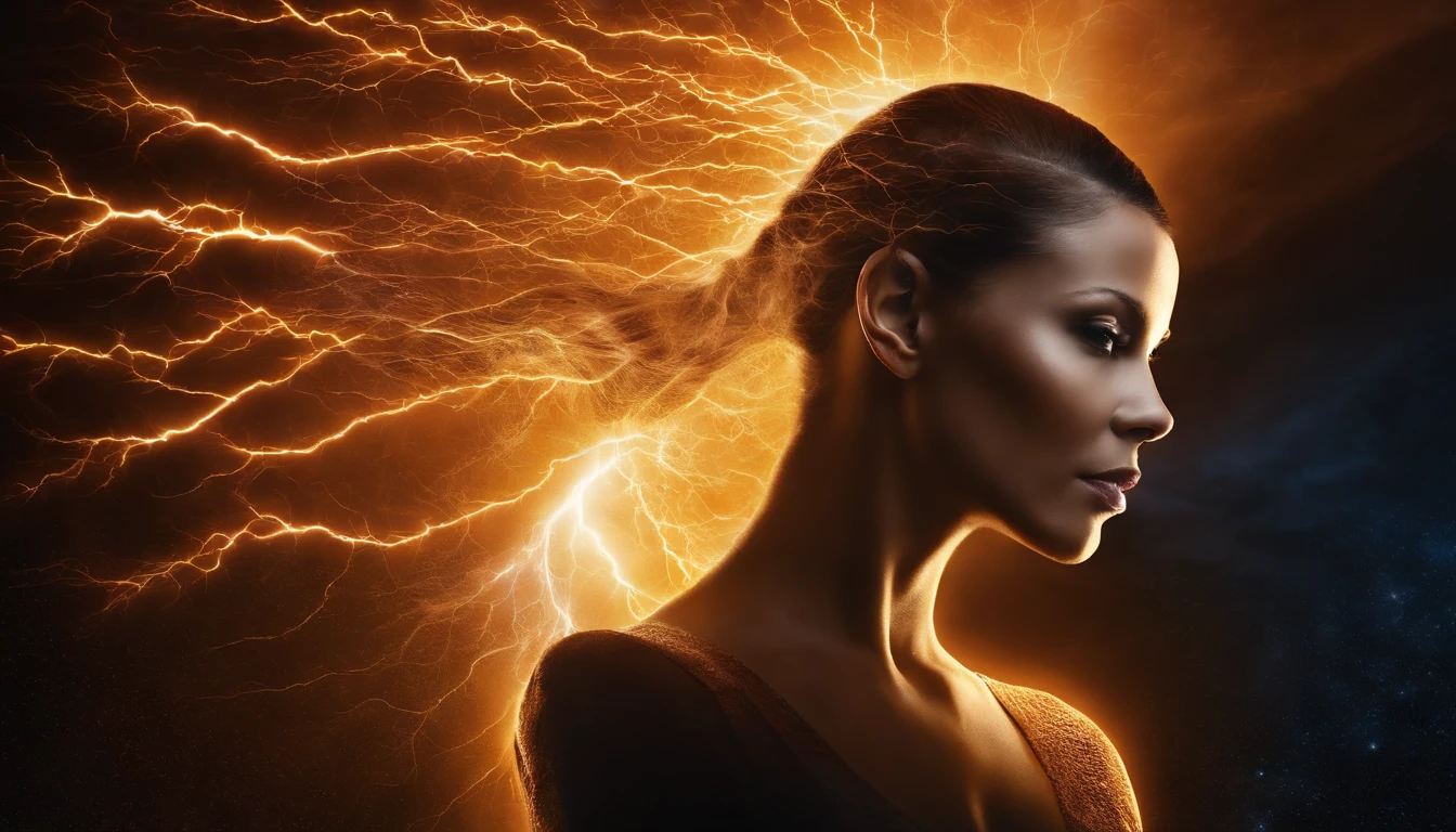 Woman with a shiny head and a lightning bolt sticking out of her head, she is attracting lightnings, mind character, Estimulante Nootropic, consciousness projection, detailed glowing head, neurological marvel, sobrecarga, glowing head, circuitry visible in head, controle da mente, head exploding, tragedy of the mind - driven, neuroscience, neural, pintura fosca da mente humana