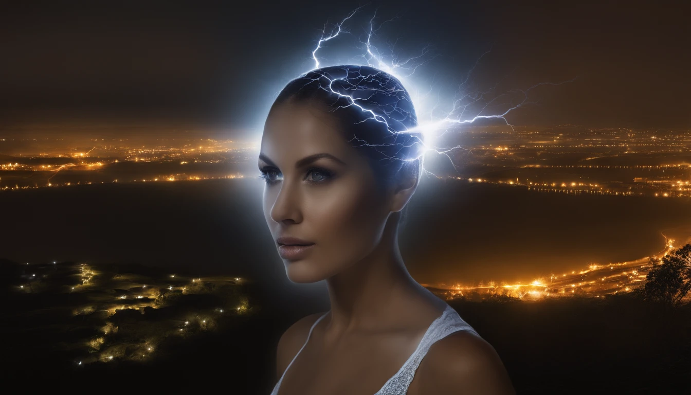 Woman with a shiny head and a lightning bolt sticking out of her head, she is attracting lightnings, mind character, Estimulante Nootropic, consciousness projection, detailed glowing head, neurological marvel, sobrecarga, glowing head, circuitry visible in head, controle da mente, head exploding, tragedy of the mind - driven, neuroscience, neural, pintura fosca da mente humana