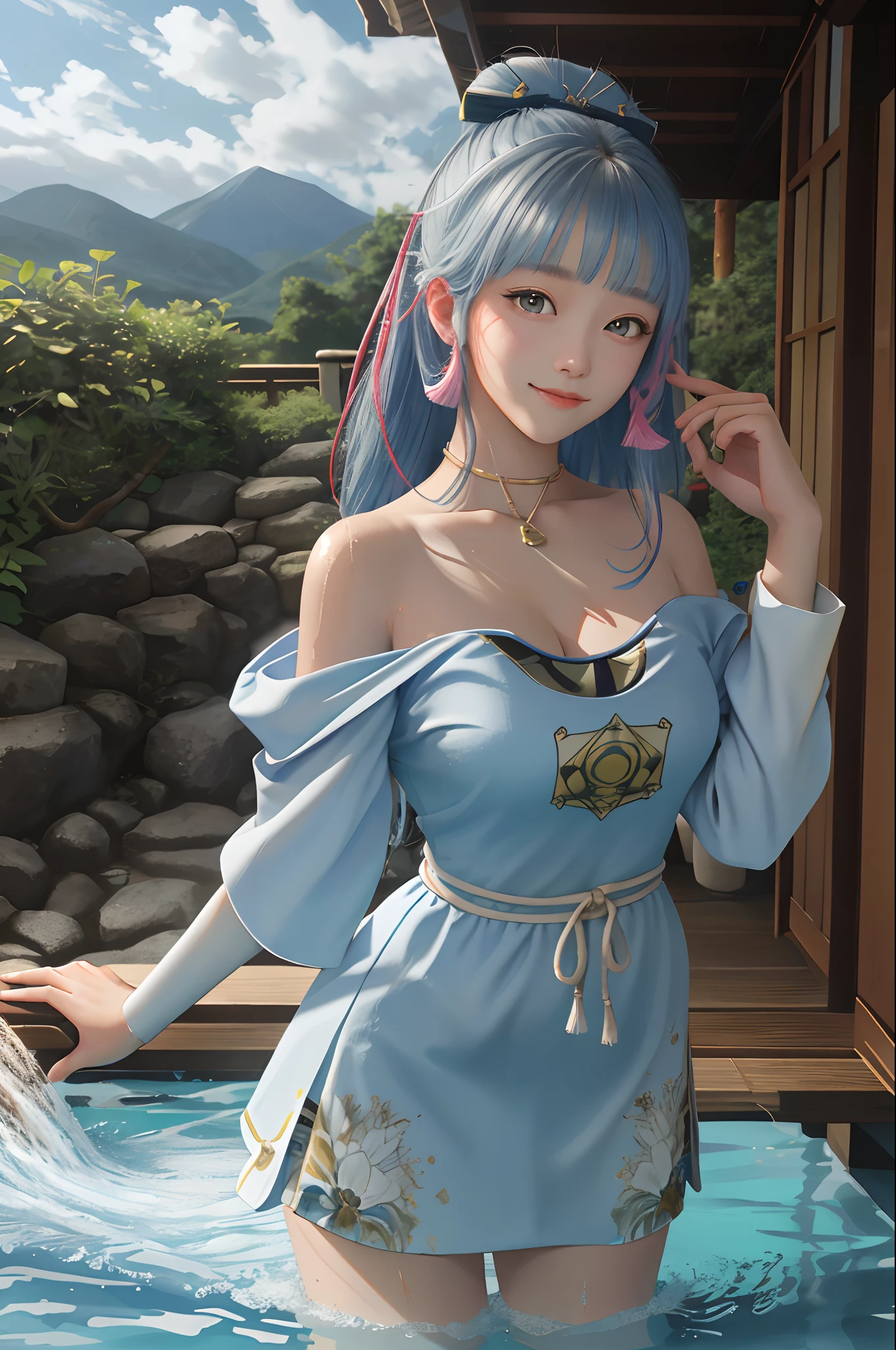 tmasterpiece,A high resolution,best qualtiy,Off-the-shoulder attire,Close-up shot,sportrait,Large breasts,1girl solo,Kamisato_Ayaka,looking at viewert,Light smile,wading,Wet hair,natta,pool-side,cleavage,hot onsen