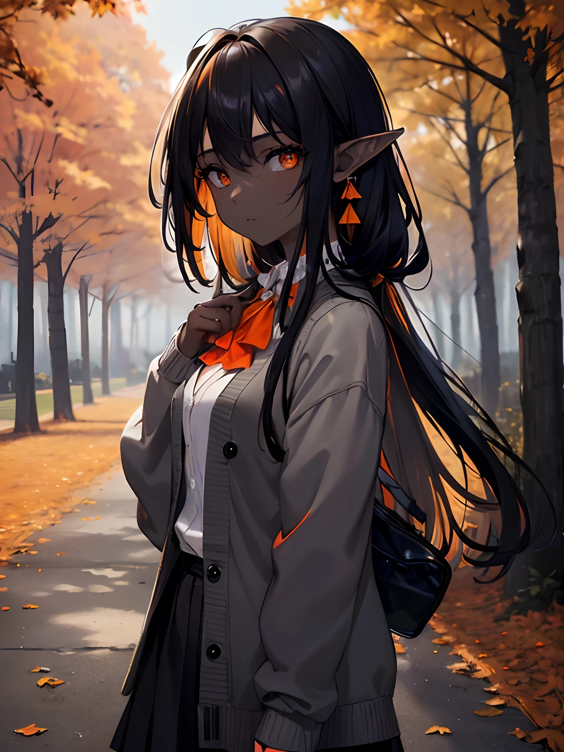 (Obra maestra, La mejor calidad, ultrahigh resolution),1girl,cabello ????? oscuro,Orejas de elfo, piel negra, Cara hermosa y detallada, ojos detallados,falda gris,cardigan,Reza,(autumn),en un parque, ((Tema gris y naranja))