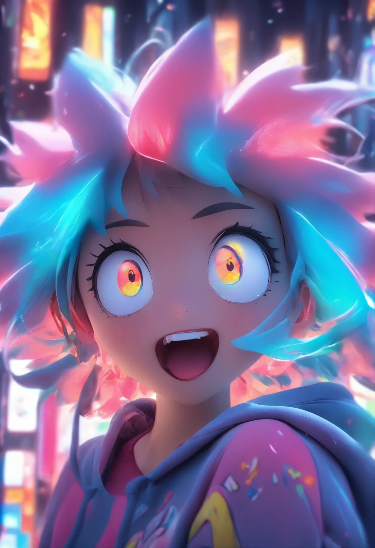 Top quality.。.3D.Masterpiece, high resolution, 8K, Hoodie and anime style girl, One girl, detailed line art, Digital enhancement, Close up, Anime core, Flowing fabric,Grimacing,Big eyes cute